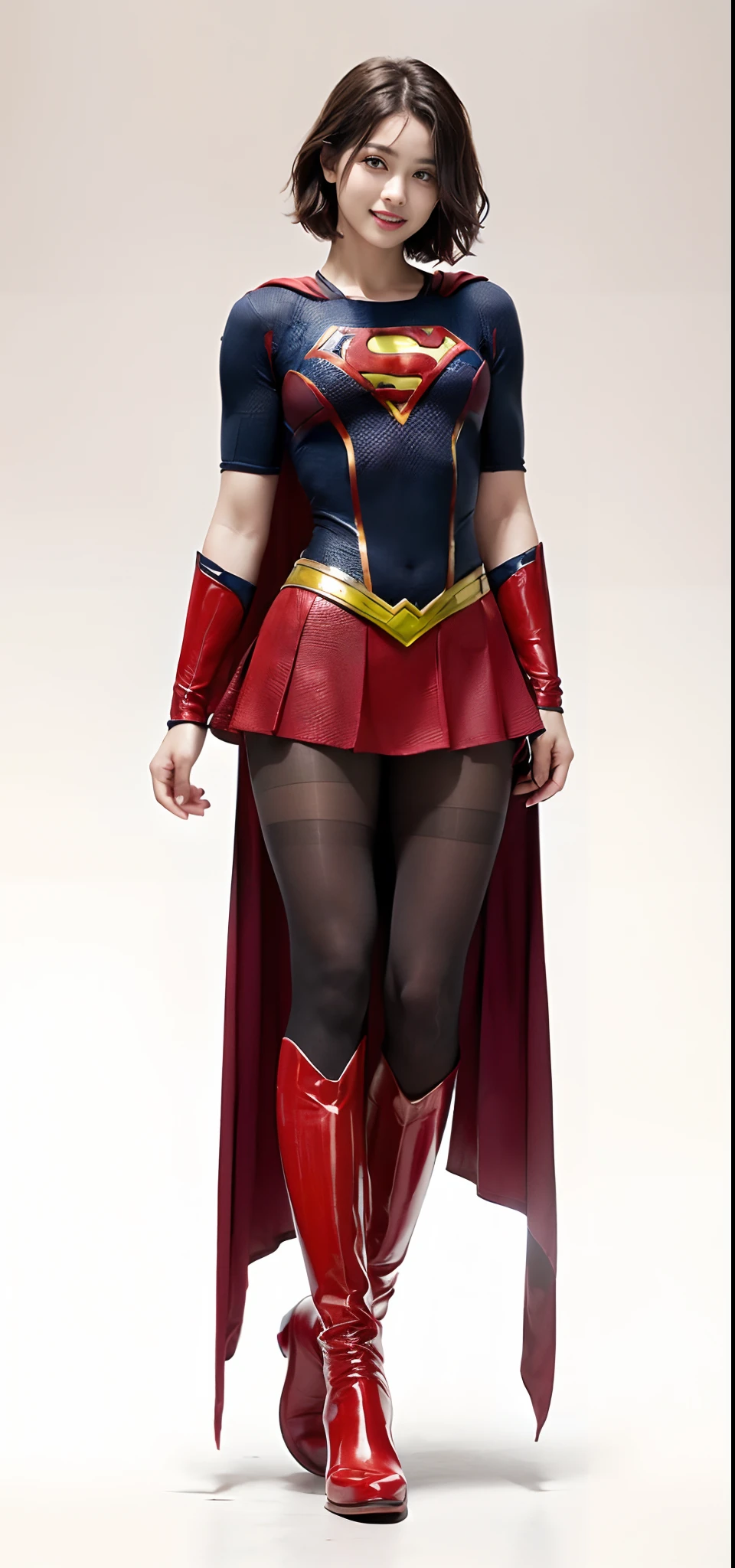 Bloody、bleeding、Bloody and suffering、Done、defeated、Defeated by enemies、(((Wear black tights on your beautiful legs.)))、(((beauty legs)))、(((facial expression of smile)))、((((Make the most of the original image)))、(((Supergirl Costume)))、(((Beautiful short hair、The hair)))、(((Suffering)))、(((Feet must necessarily be worn with black tights)))、(((You need to wear red boots)))、((Top image quality、8K))、((top-quality、8K、masterpiece:1.3))、(((Keep your background simple)))、Crisp focus:1.2、Beautiful woman with perfect body shape:1.4、Slender Abs:1.2、a wet body:1.5、Highly detailed facial and skin texture、8K