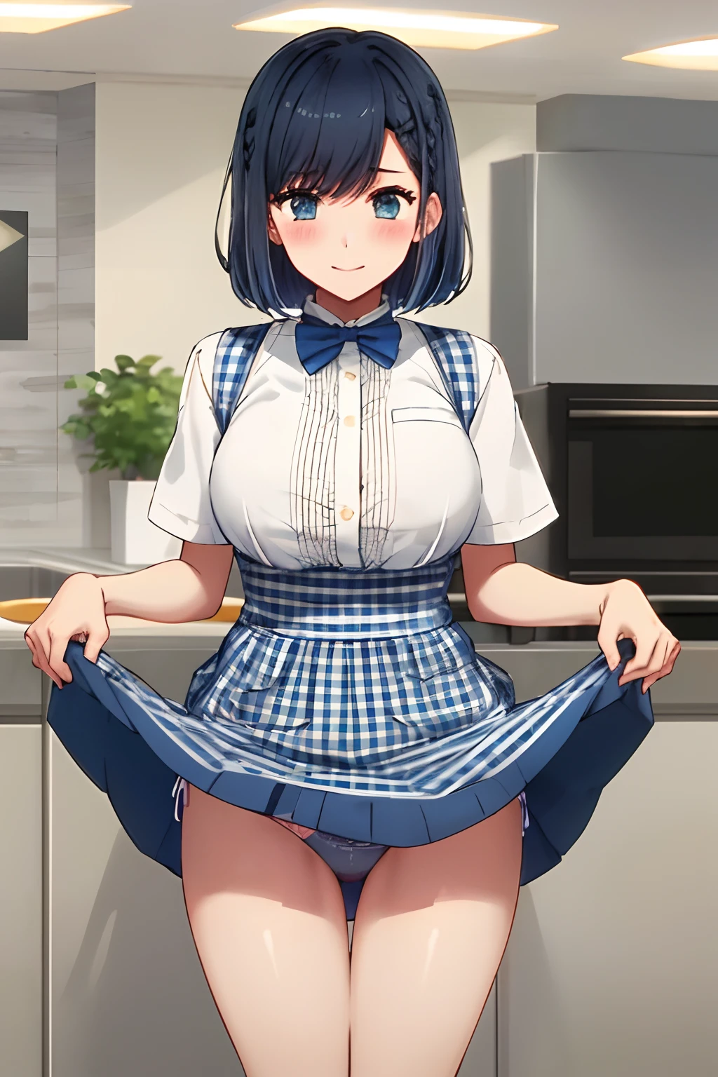 ​masterpiece, hightquality, 8K, beautiful  lighting, 1girl in, 独奏, Akane,  (one length bob:1.3),(darkblue hair:1.3), Smile, Standing, blue bowtie, White shirt, Short sleeves, Blue skirt, Blue apron, Gingham Apron, employee uniform, high waist skirt, woman samurai, Open kitchen, cowboy  shot, looking at the viewers, ,Big breasts emphasis、Naughty thighs、shiny oily skin with high contrast,Too large breasts, huge long breasts, Naughty big,爆乳、Bursting chest、huge-breasted、pointed breast、red blush、(Skirt lift:1.3), (white  panties:1.3)、(Skirt that rolls up:1.3)、(Fully exposed panties:1.5)、