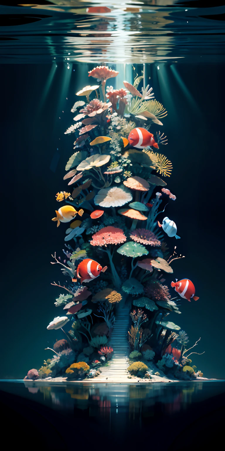 Ridiculous resolution, A high resolution, (Masterpiece:1.4), ultra - detailed, ocean floor,abyssal，Underwater world,Marine life,look from down, the space, afloat，ocean floor，Clownfish，Giant jellyfish，Clear water,the reef,Fish swimming,suns rays,underwater photography,Extremely colorful,Remote location,Rich biodiversity,Vivid colors,Detailed textures,water Reflections,Sunlight penetrates water,