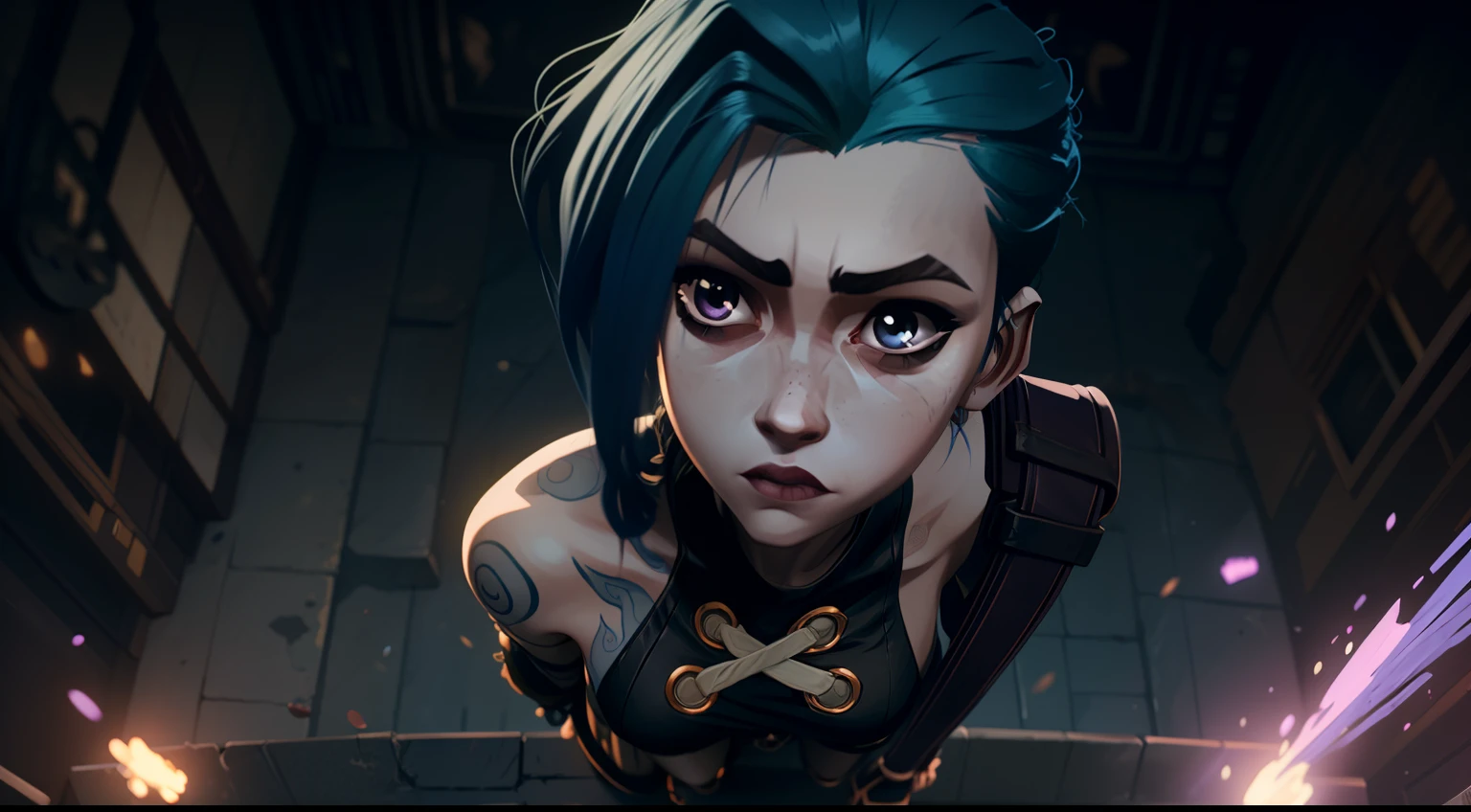 Overhead view, The camera looks at Jinx from above, Like in a computer game, Jinx's character design, Dynamic movements, Standing Half-Sideways, stands on the edge of the roof, Fantasy City, City of Piltover, the night, explosions, fire, Smoke, sparks, Purple Flashes, sexypose, Beautiful figure, Arcane's Jinx, Bright blue and purple sparks all around, glowing eyes, Pink glowing eyes, hairlong, hairsh, braided into long braids, Pigtails hang below the knee, Hair color changes from bright blue to navy blue, Dressed in brown breeches, Leather boots on the feet, Top with four gold circles on the chest in the middle of the chest, Blue cloud tattoos on shoulders and waist, Long bangs, hanging on the right side, Belt with cartridges on the belt, Arcane style, extremely detailed CG unity 8k wallpaper, detailed light, Cinematic lighting, chromatic aberration, glittering, expressionless, epic composition, dark in the background, Cherecter Desing, Very detailed, Detailed body, Vibrants, Detailed Face, sharp-focus, anime art, Vibrants, Detailed Face, Hugh Details, sharp-focus, Very drooping face, A detailed eye, super fine illustration, better shadow, finely detail, Beautiful detailed glow, Beautiful detailed, Extremely detailed, expressionless, epic composition,