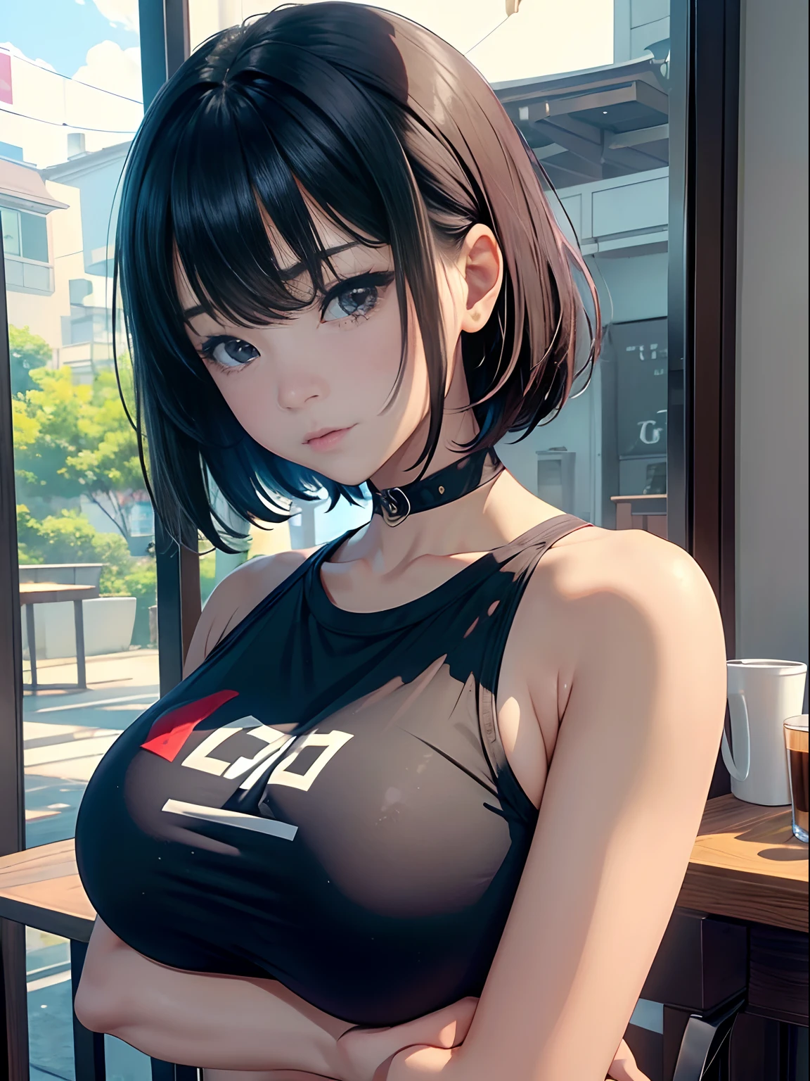 (masterpiece:1.4)、(in 8K、realisitic、Raw photo、top-quality:1.4)、(Real Face:1.4)、(real looking skin:1.3)、超A high resolution、A hyper-realistic、Brown eyes with beautiful details、Center part of black hair short hair、Pichi-pichi T-shirt、no-bra、high detailing、(huge-breasted:1.5)、Blushing、troubled look、gargantilha、cafes、coffee cup