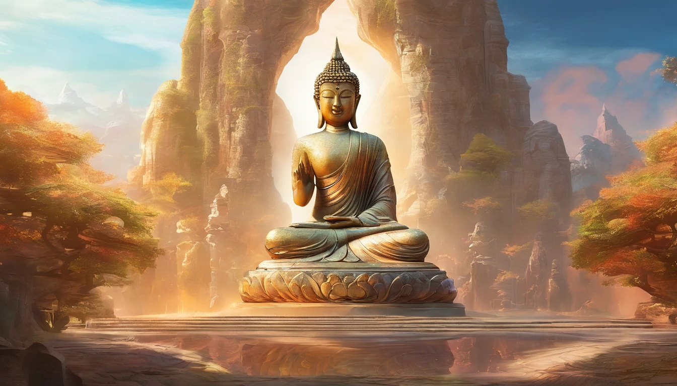 BUDDHA STATUE, stone, Texture, Tall, Majestic, The background is illuminated by sunlight,inverted image,Lateral face