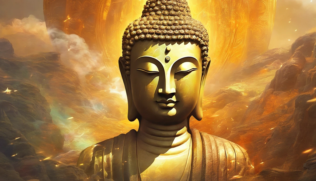 BUDDHA STATUE, stone, Texture, Tall, Majestic, The background is illuminated by sunlight，inverted image，Lateral face