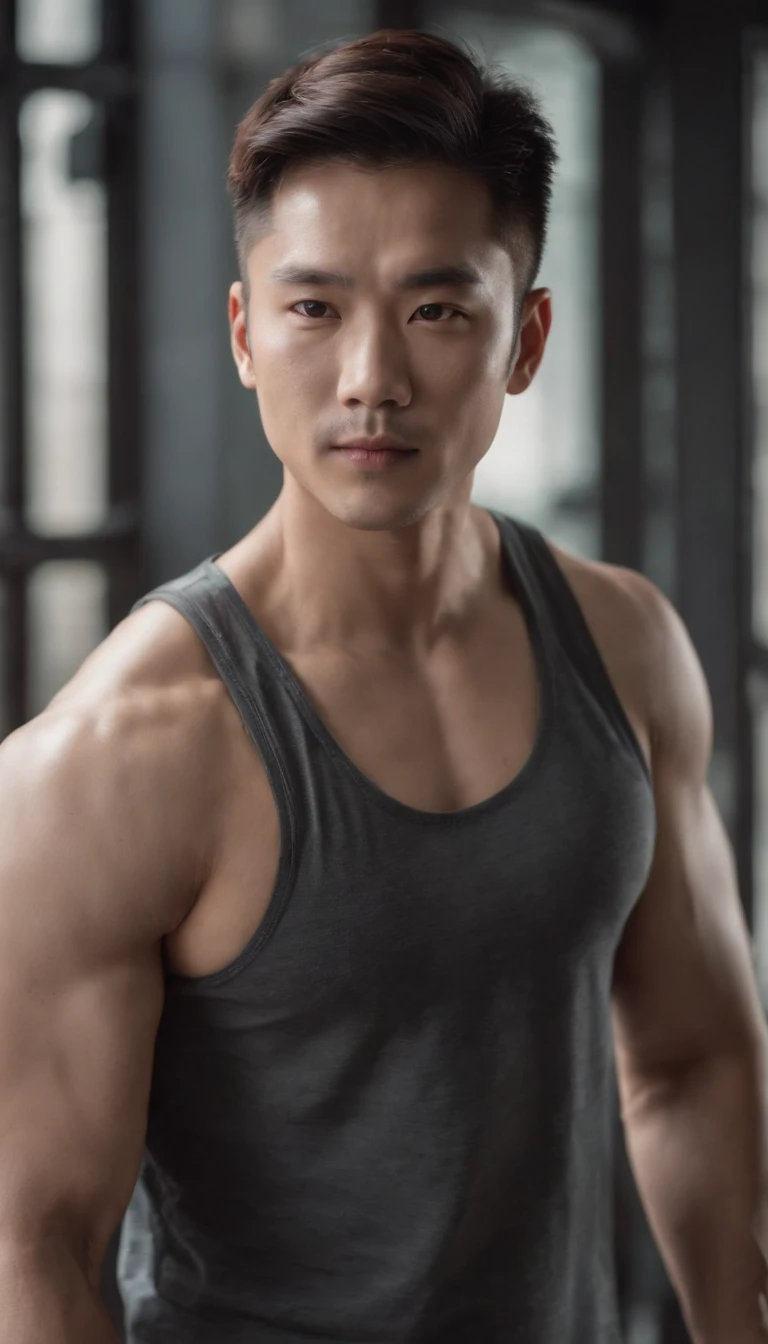 Asian men's gym wears a full tank top , musculous, Height 190 cm, Handsome face blemish, (Draw eye details), (hentail realism)