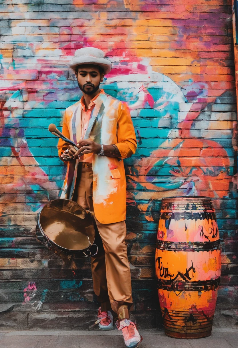 SuperiorQuality, tmasterpiece, soft focus , Bright gradient watercolor , visionary , The boy followed the crowd to the scene of the brass drum performance,I saw dozens of copper drums on display,People hold drumsticks,Wear traditional clothing,Playing with passion against the background of copper drums