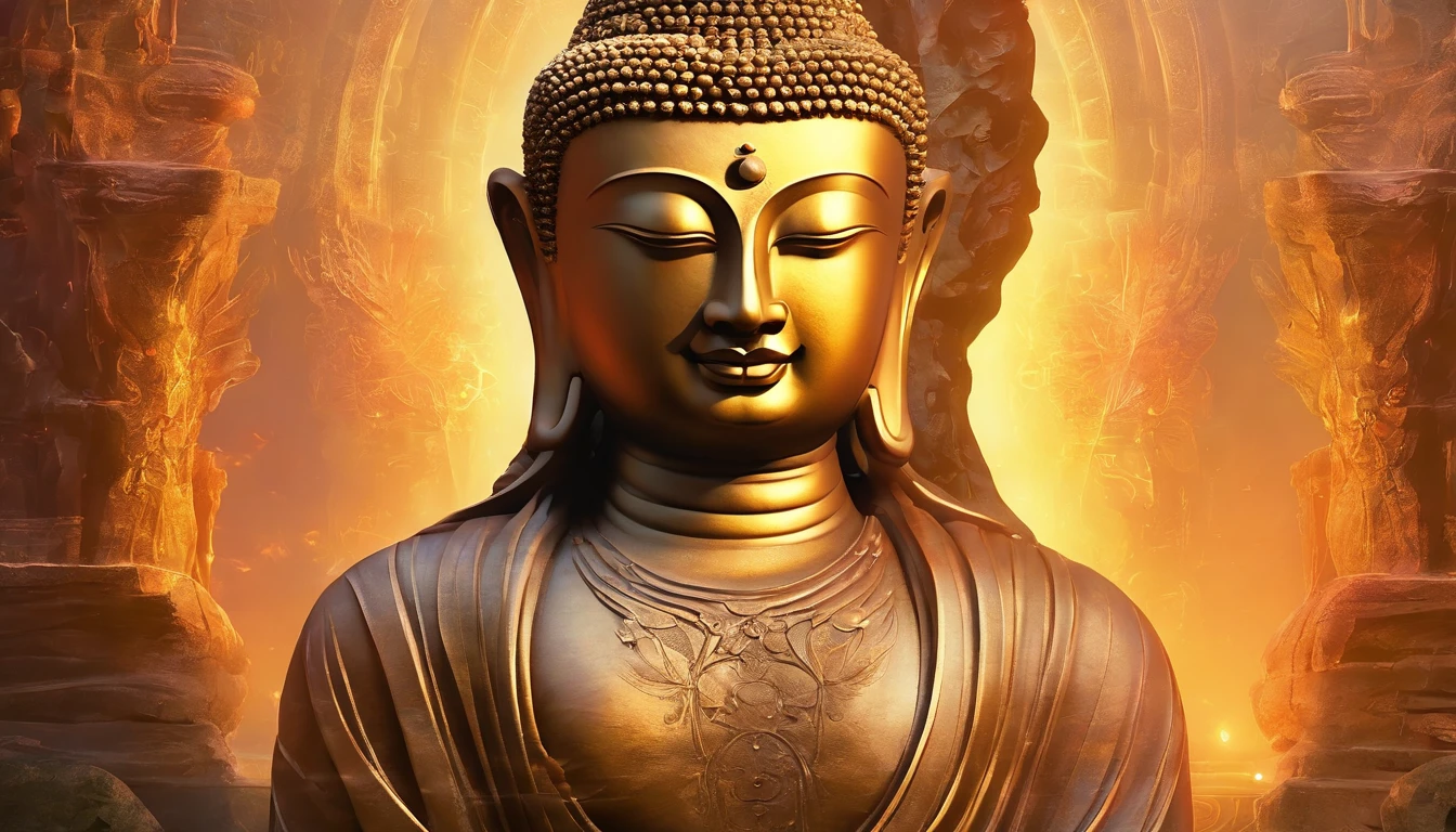 BUDDHA STATUE, stone, Texture, Tall, Majestic, The background is illuminated by sunlight，inverted image，Lateral face