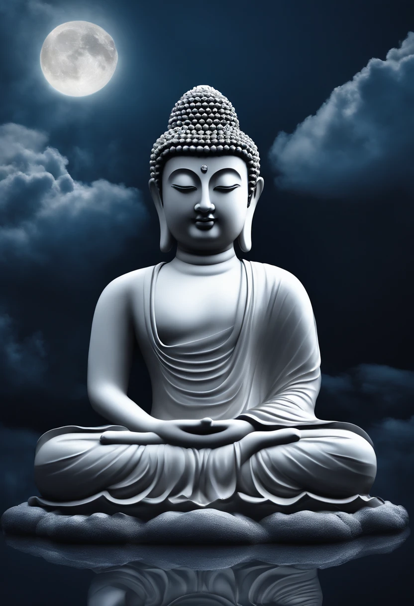 Buddha meditated on a cloud in a cloud" - In the silent night clouds，Create realistic images on a cloud，Capture the Buddha's meditative state, The moonlight casts a soft glow, Render scenes in a beautiful way, Realistic way