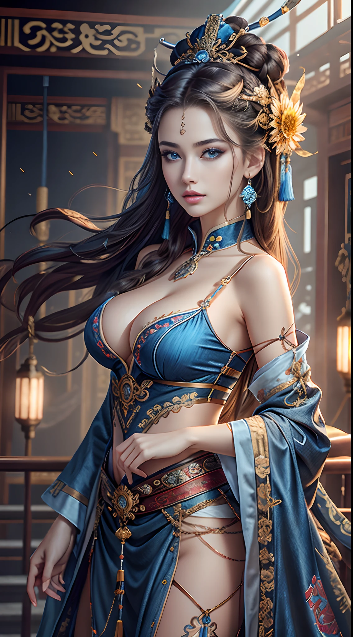 Best Quality, Masterpiece, Ultra-Detailed High Resolution, (Realistic: 1.4), Original Photo, , Illustration, 1 Girl, Handheld Weapon, (Solo Exhibition: 1.2), (Denim Lens: 1.2), (Hair Crown: 1.2), cyberpunk Chinese Traditional Costume, No Straps, (Black Eyeliner: 1.2), big breasts, big chest,(Blue Eyes: 1.4), Earrings, Dynamic Angle, Opera House, messy_long_hair, Ink, Movie Lights, lens_flare, Velvet, Chrysanthemum, Tassels, Ribbon, colorful embroidery, upper body, facing the camera, dynamic pose, large chest, embroidered cloth shoes, NSFW,18+