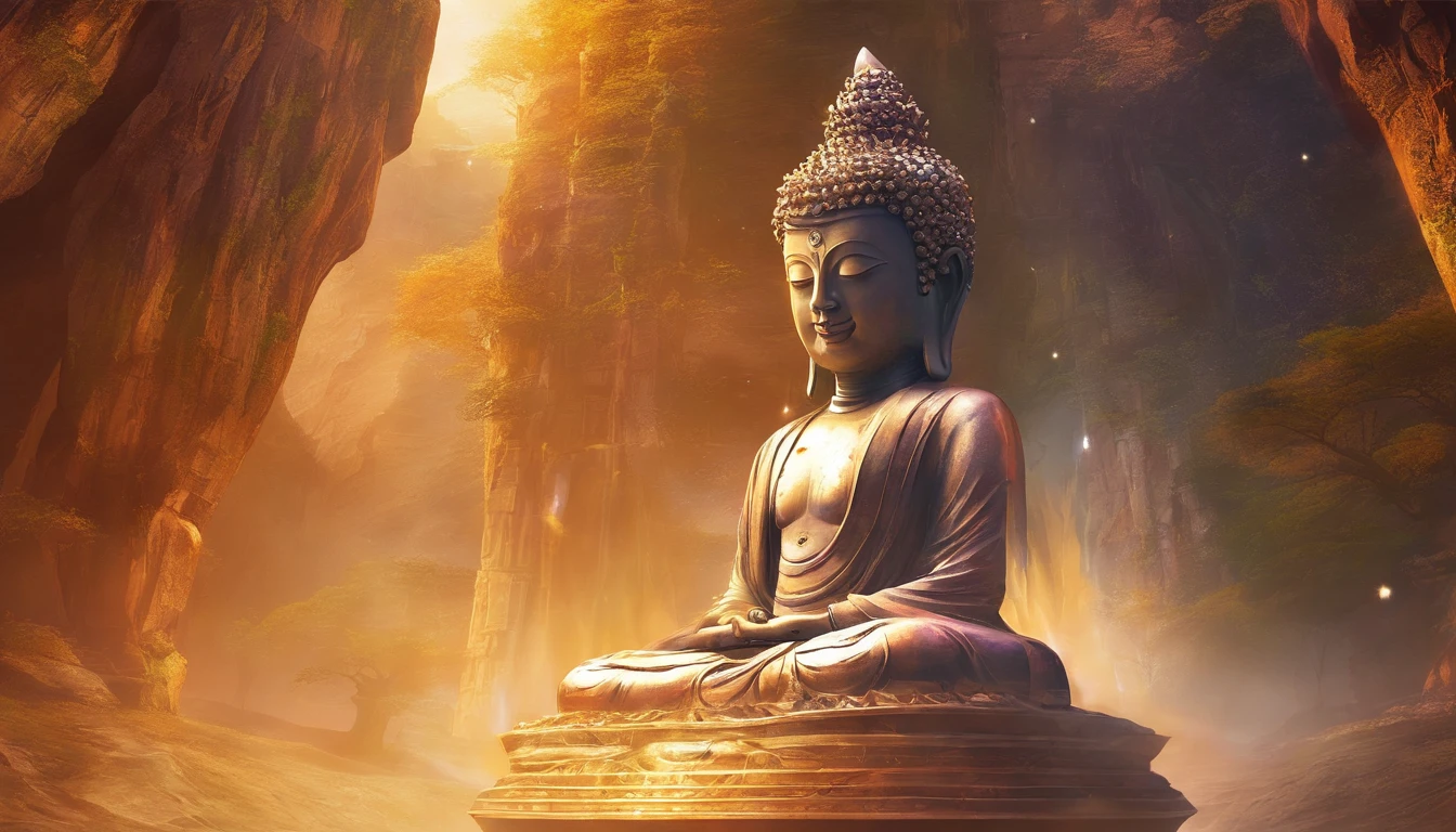 BUDDHA STATUE, stone, Texture, Tall, Majestic, The background is illuminated by sunlight，inverted image，Lateral face