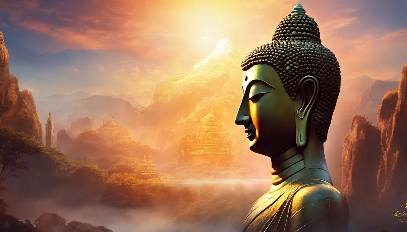 BUDDHA STATUE, stone, Texture, Tall, Majestic, The background is illuminated by sunlight，inverted image，Lateral face