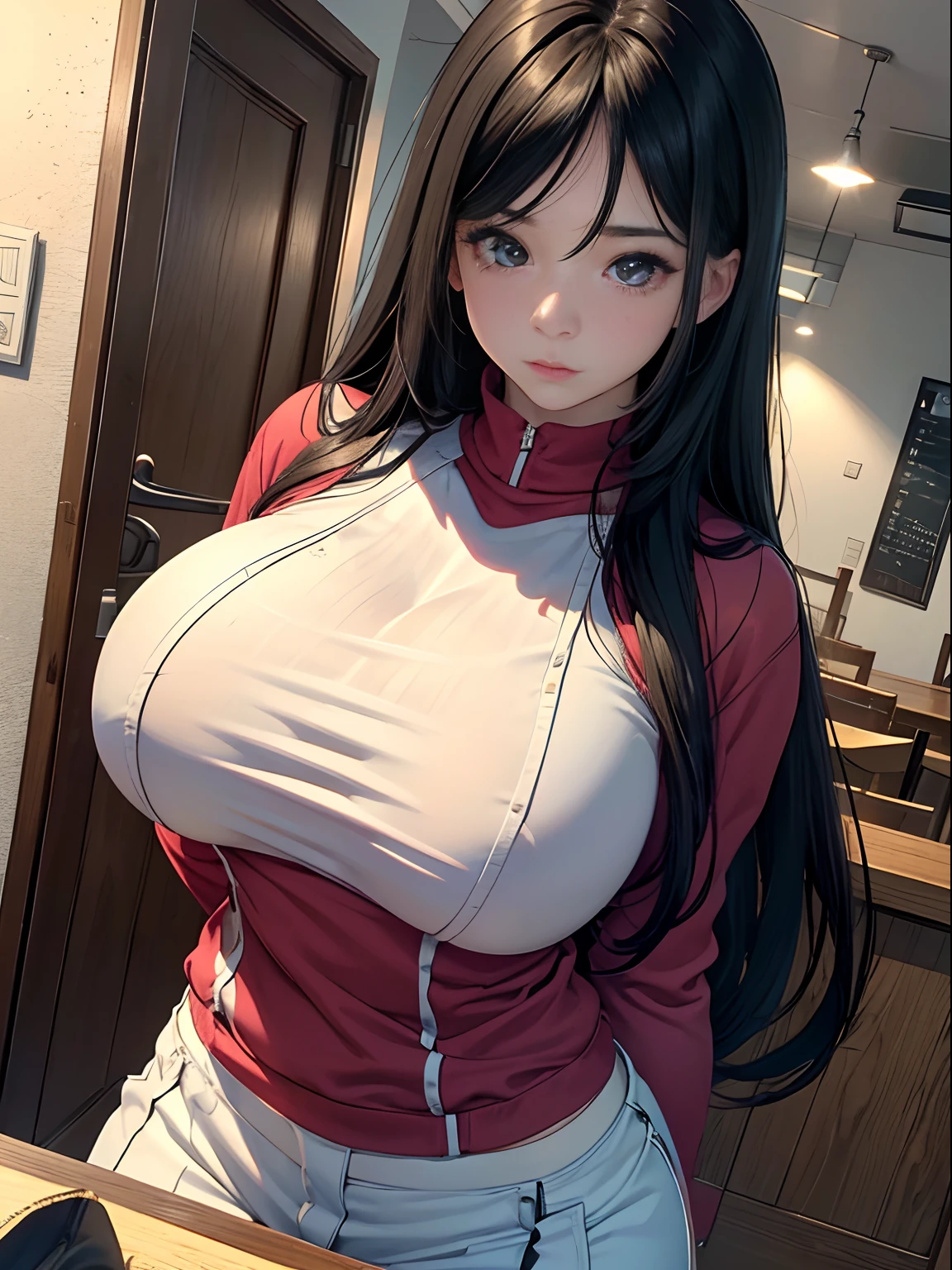 Girls(masterpiece:1.4)、(in 8K、realisitic、Raw photo、top-quality:1.4)、(Real Face:1.4)、(real looking skin:1.3)、超A high resolution、A hyper-realistic、Brown eyes with beautiful details、Black hair center part hairstyle、Tight knitwear、no-bra、high detailing、(huge-breasted:1.5)、Blushing、troubled look、gargantilha、resturant
