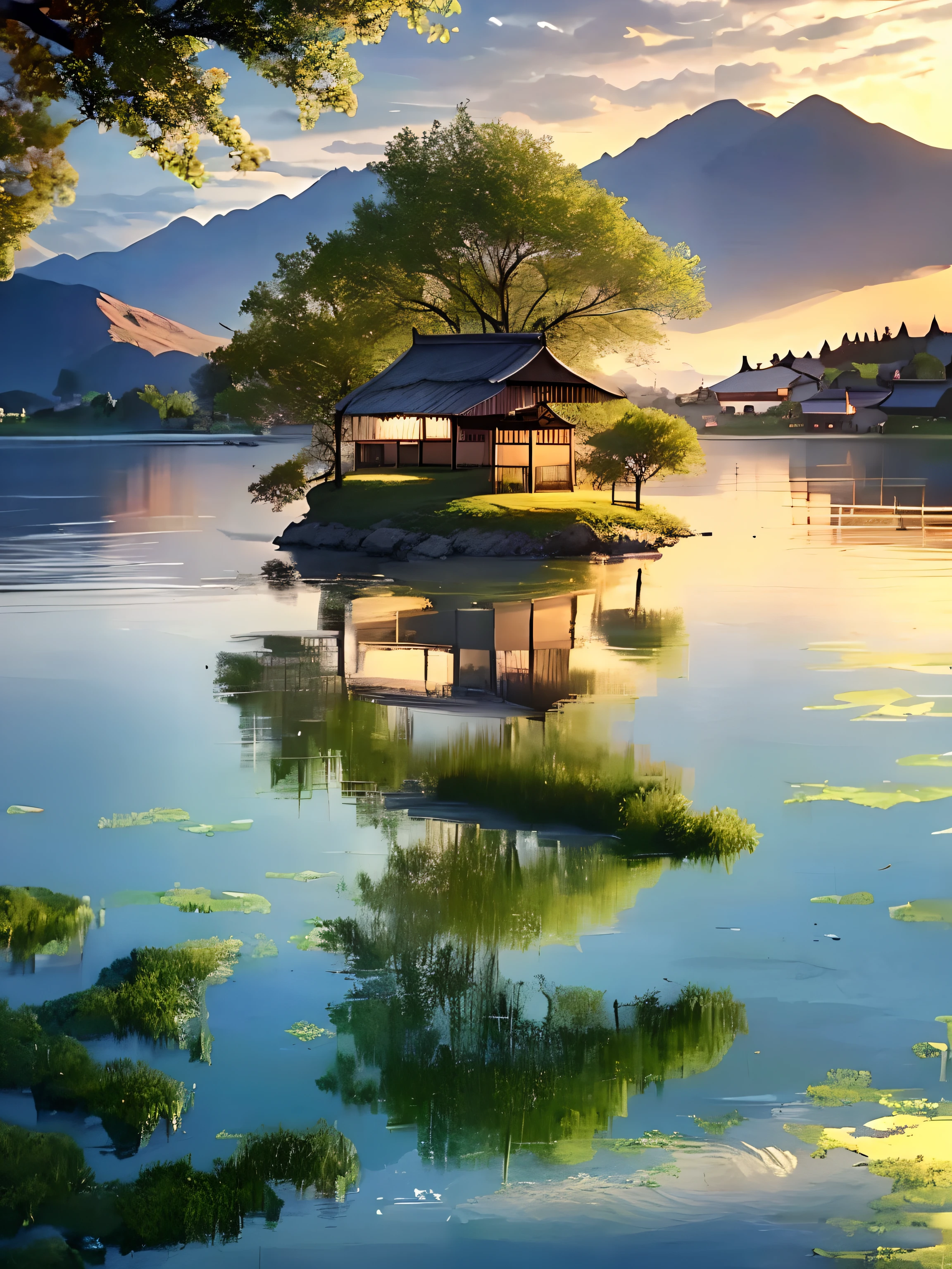 There is a small house on a small island in the middle of the lake.、beautifully lit landscape、Peaceful landscape、serene landscape、Beautiful serene landscape、amazing landscape、serene landscape、amazing landscape、beautiful lake background、Perfect scenery、Stunning light reflection、Beautiful Dreamy Landscape、Shine like gold