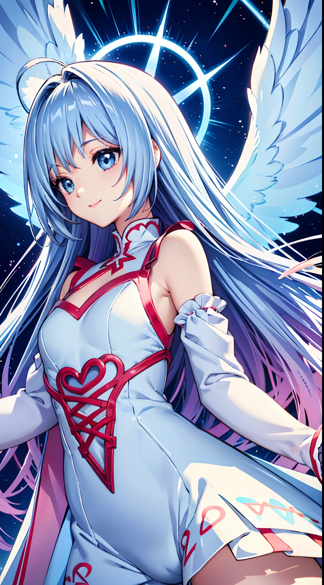 Colorful glowing angel wings、Kawaii Girl、adorable smiling、Light blue long hair、Twin-tailed、Red and white angel leotard、((top-quality))、((​masterpiece))、(ighly detailed、highestdetailed、Official art、Beautifully Aesthetic:1.2)