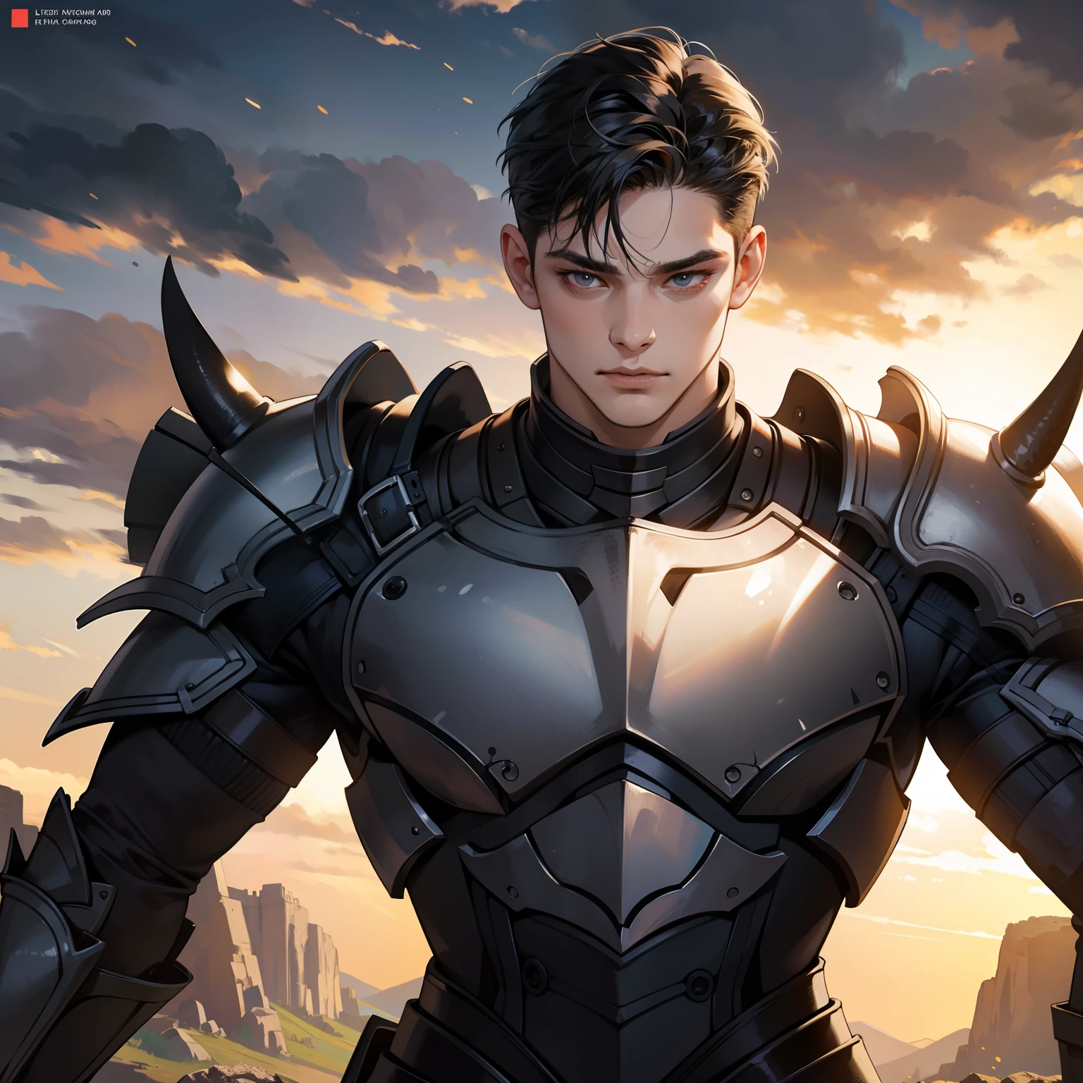 Masterpiece, high quality, best quality, HD, realistic, perfect lighting, detailed body, 1 man, undercut hair, facial expression, rhyno armor, darkness background
