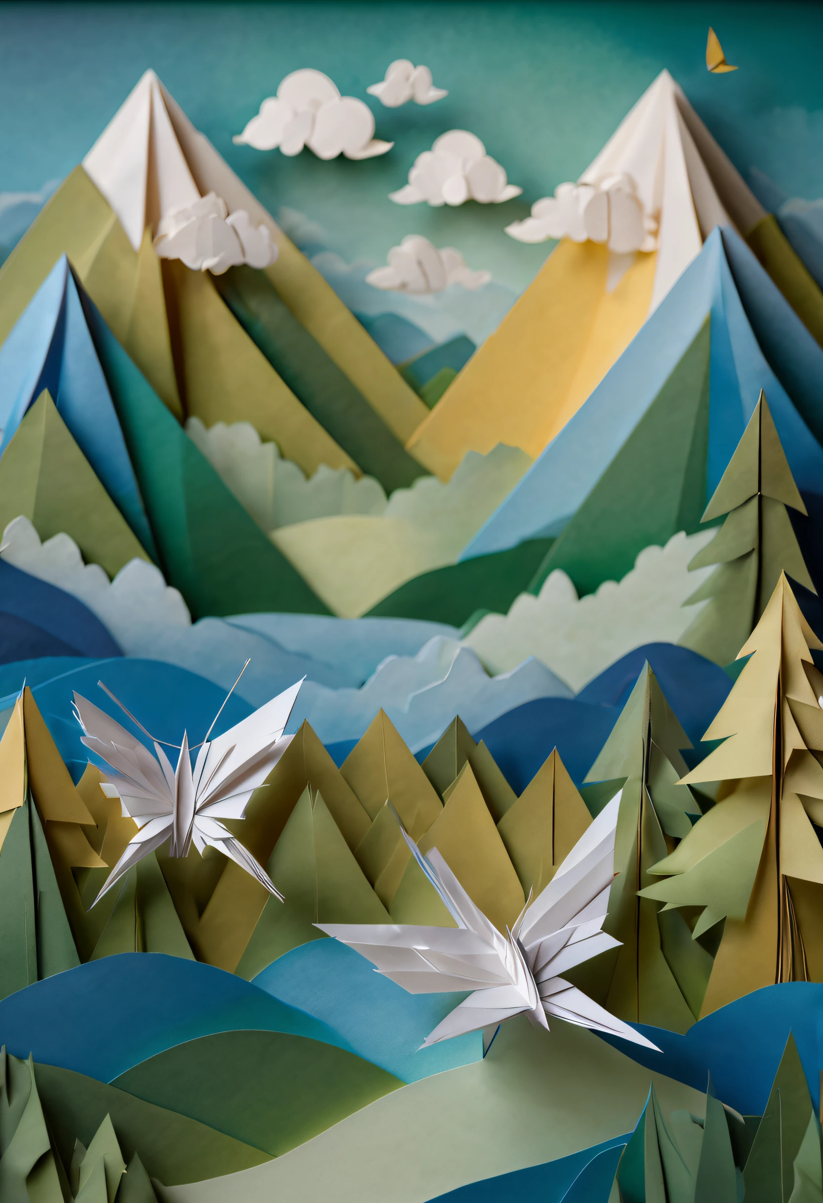 (best quality,4k,8k,highres,masterpiece:1.2),ultra-detailed,(realistic,photorealistic,photo-realistic:1.37),paper art,blue skies,white clouds,lush green mountains,terraced fields,origami,traditional art,handcrafted paper sculptures,paper cuts,colorful creations,peaceful scenery,natural beauty,fine details,ethereal atmosphere,subtle textures,folded masterpieces,delicate craftsmanship,paper textures and patterns,harmony of shapes and colors,soft sunlight filtering through trees,paper cranes floating in the breeze,paper butterflies dancing in the sky,tranquility,serenity,harmony with nature,emphasis on simplicity and elegance,immersing viewers in a world of paper art.