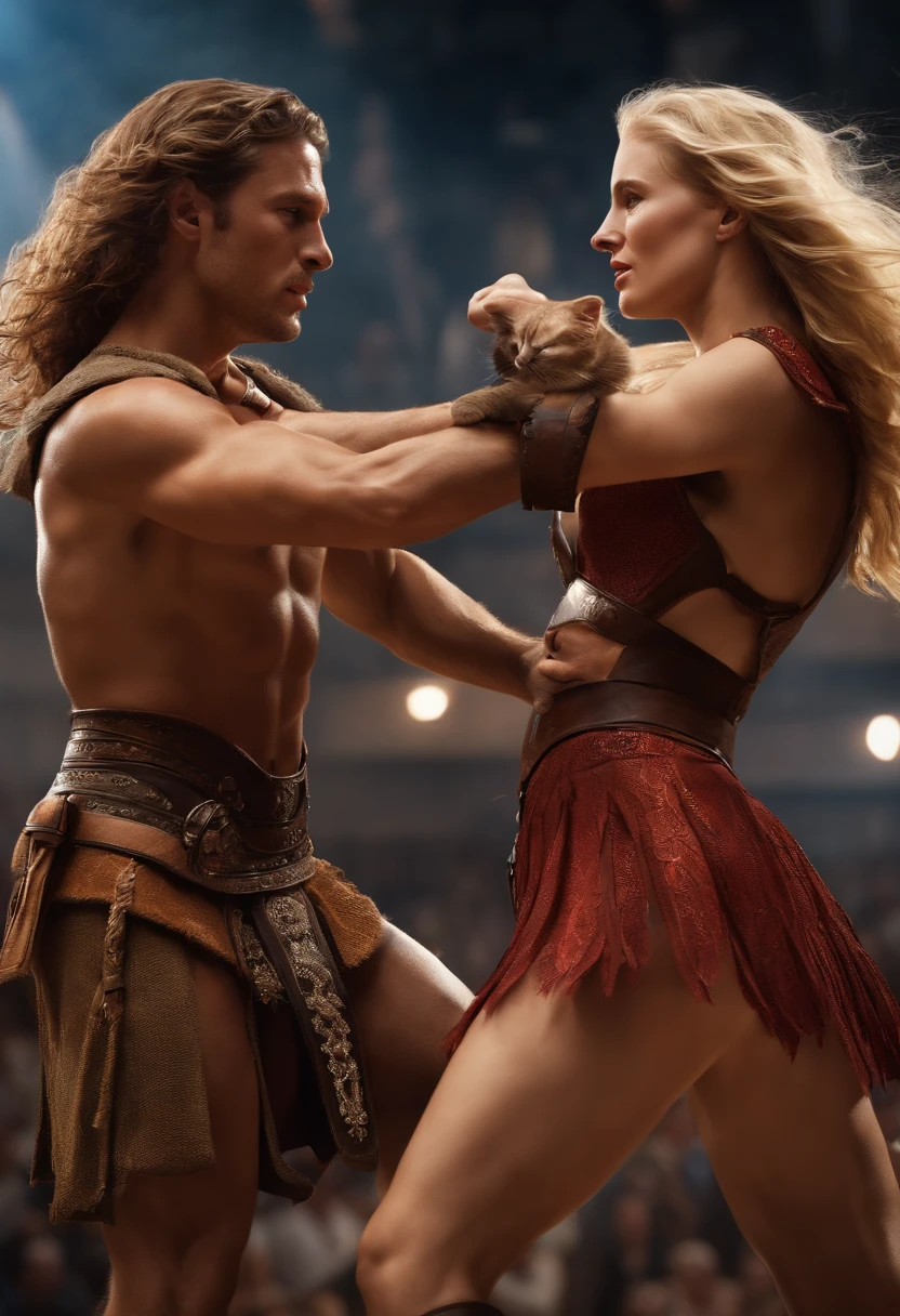 two beautiful blonde fighting each other in a gladiador's arena, naked, crowd cheering for them , detailed face, detailed face expressions, natural face expressions, face in detail, asymmetrical faced,(tall and slender body), fair and smooth skin, detailed hands, detailed fingers, masterpiece, cinematic lighting, physically based rendering, lens flare, award winning rendering, perfect rendering detail, 8K, realism, detailed background, everything in detail, cinematic shot, dynamic lighting, 75mm, Technicolor, Panavision, cinemascope, fine details, 8k, HDR, realism, realistic, key visual, film still, superb cinematic color grading, depth of field, ,midjourney,cat