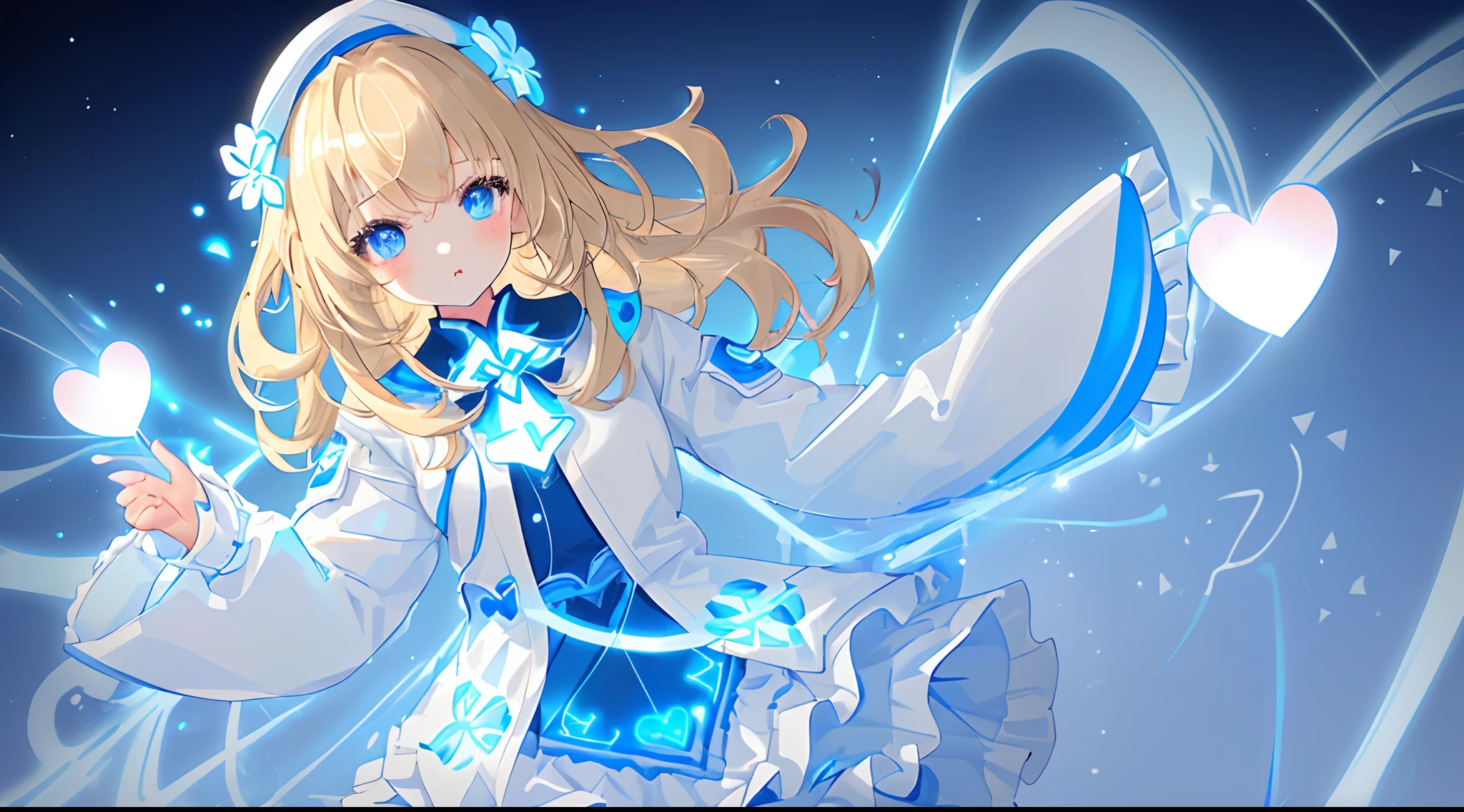 (Young lady, Medium blonde hair ،blue eyes ,techno wear,oversized blue shirt with white jacket with neon patterns,glow in the dark white skirt,cute heart tights, luminous colour scheme,abstract blue cherry flower background,Tokyo night fashion,perfect anatomy,perfect details