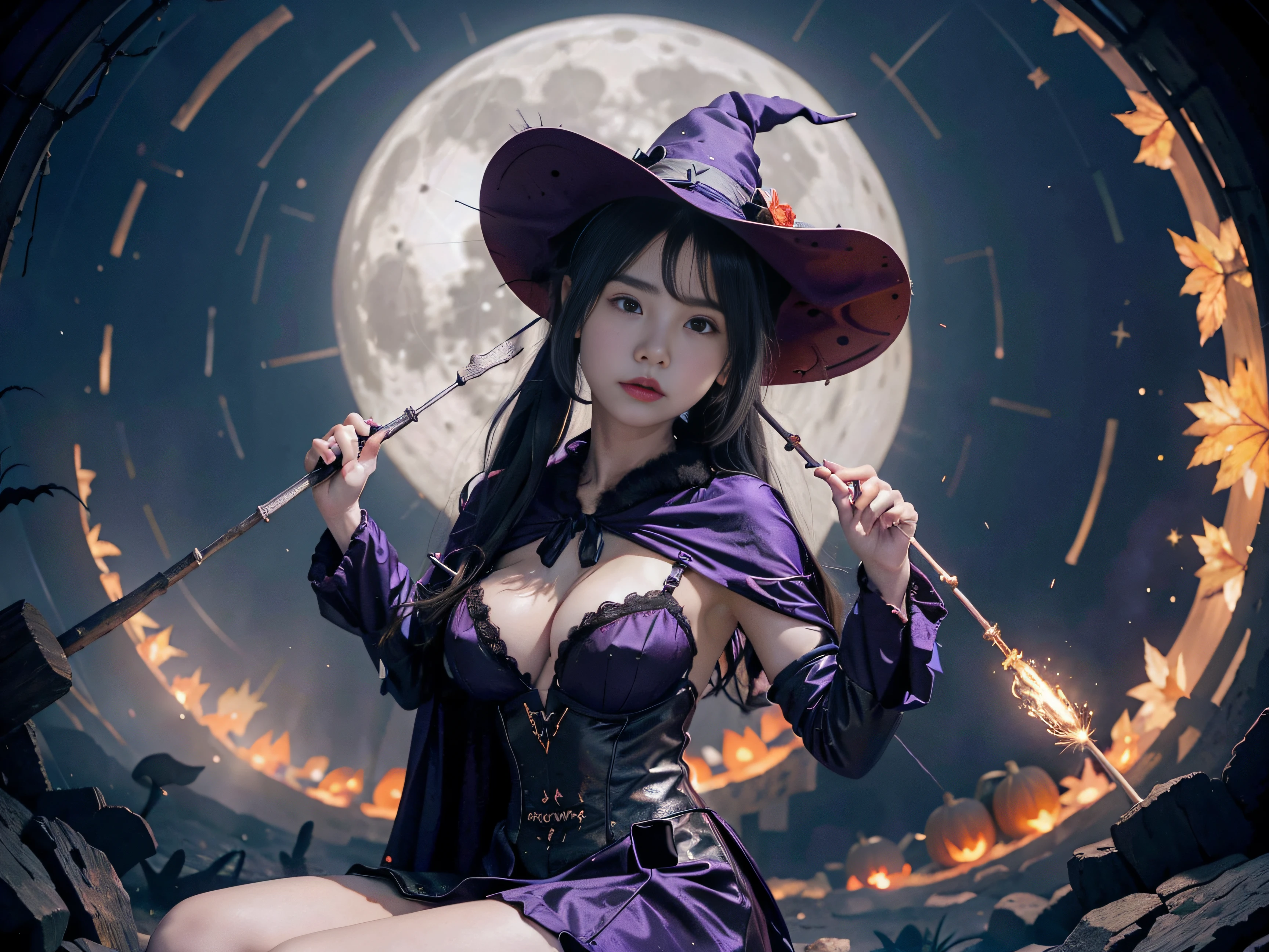1girl in, A Japanese Lady, 15yo student, purple color  hair, Colossal tits, 1 Sit with bats before the full moon, halloween art style, Witch in shiny platinum silver tight dress, witch's hat, Purple cloak, Flat Vector Art, in a halloween style, Magic O Lantern, Carry, But fascinating, cleavage of the breast, the witch, Spooky Halloween Night, 电影灯光,Thunderbolt,lightning bolt, Upper body photo, Lightning emanating from a magic wand, 8mm fisheye lens, Photo taken from directly below,