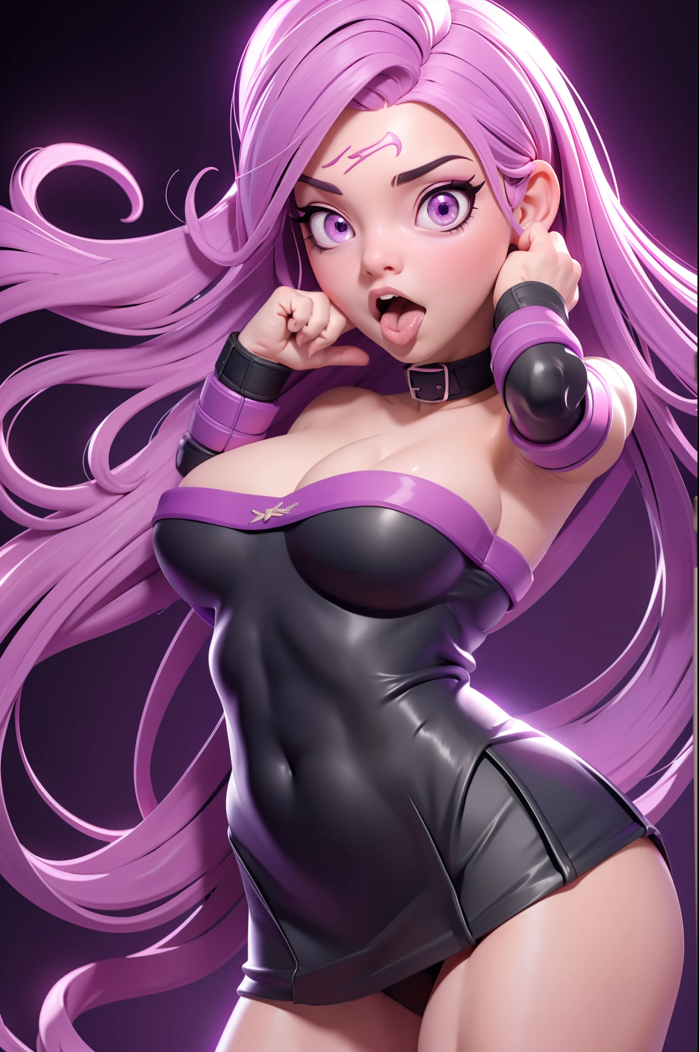 [(An adorable purple hair , sonriente, My dear, Regordete  :1.2)(piel clara)(feliz)][(con un disfraz inspirado en 'Minnie') , Fate Go, Medusa, Purple eyes, beautiful, childrens illustration , fondo limpio], con un vestido rosa con lunares blancos y un lazo en el pelo, cuerpo completo, usar un zapato negro, Vista de cuerpo entero,tetas grandes,culo grande,jadeo,in lingerie, large breasts, beautiful breasts, lewd face, sexual expression, surprised face, open mouth, blushing, blushy red cheeks, wet tongue, tongue sticking out, looking up, string of saliva, radiant lightning shining from background center, drool, sweaty, hot, running fingers through hair, pleasure face, begging, up skirt, embarrassed, colored lights in the background, collar, leash,