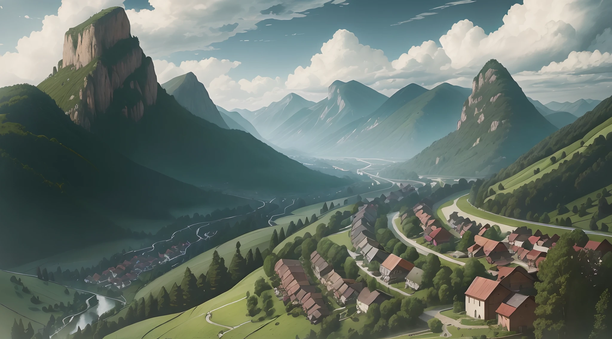 (Best quality, 4K, A high resolution, Masterpiece:1.2), Ultra-detailed, Realistic:1.66, hdr, At the foot of a Zhuang village,The houses are staggered and orderly,Colorful flags flutter on the roof,Busy figures of villagers,A mountain village with antique Yunjin graphics, distant background, Sunny sky, lush green trees, Vibrant colors, Perspective view,Quaint house, Red cloud pattern roof, Winding roads,tranquil ambiance, serene environment, Natural beauty, enchanting scenery, dramatic clouds,Idyllic countryside, Dynamic composition, Atmospheric lighting, Soft shadows, immersive experience, Deep in the forest, Picturesque charm.