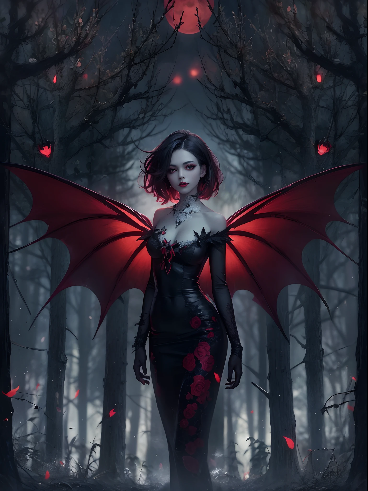 beutiful dark pixie vampire,red and black victorian sexy dress,glowing red eyes,glossy lips,red and black hair,pale skin,dark spooky forest,red moon,hi def,backlights,8k,ultrasharp