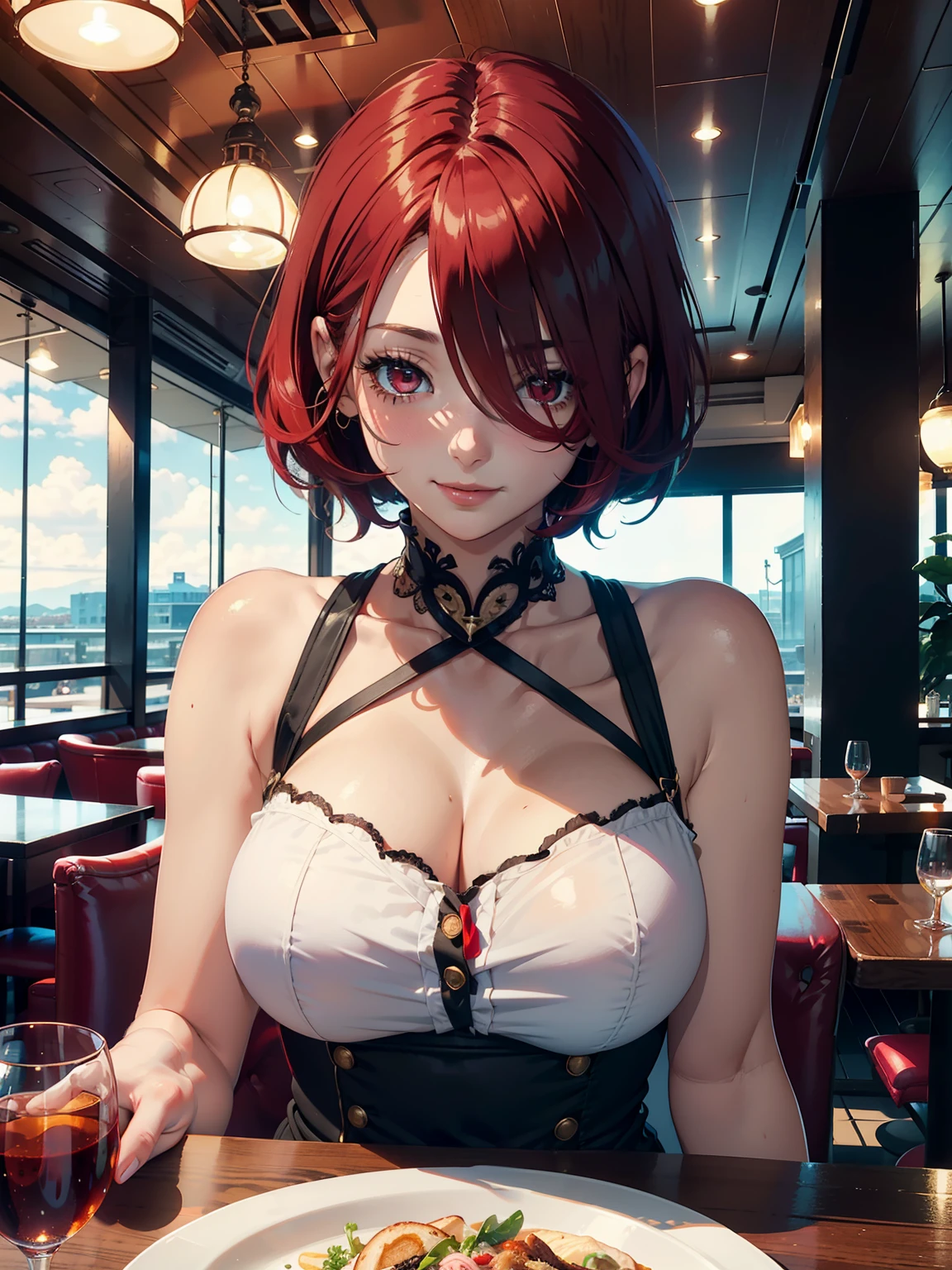 idol, 1girl, ((mature)), big breasts, adult woman, masterpiece, absurd, delicate colors, illustration, bright colors, beautiful, red eye, red hair, (hair over right eye), dress, short hair, smile, blush, ((pov)), sitting at a restaurant table