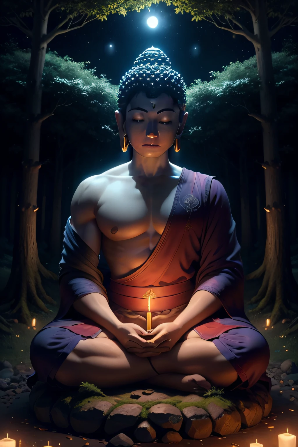 Buddha meditates under a large tree in the moonlit forest" - In the silent night forest,Create realistic images under towering trees,Capture the Buddha's meditative state, The moonlight casts a soft glow, Render the scene in a polished manner, Realistic way