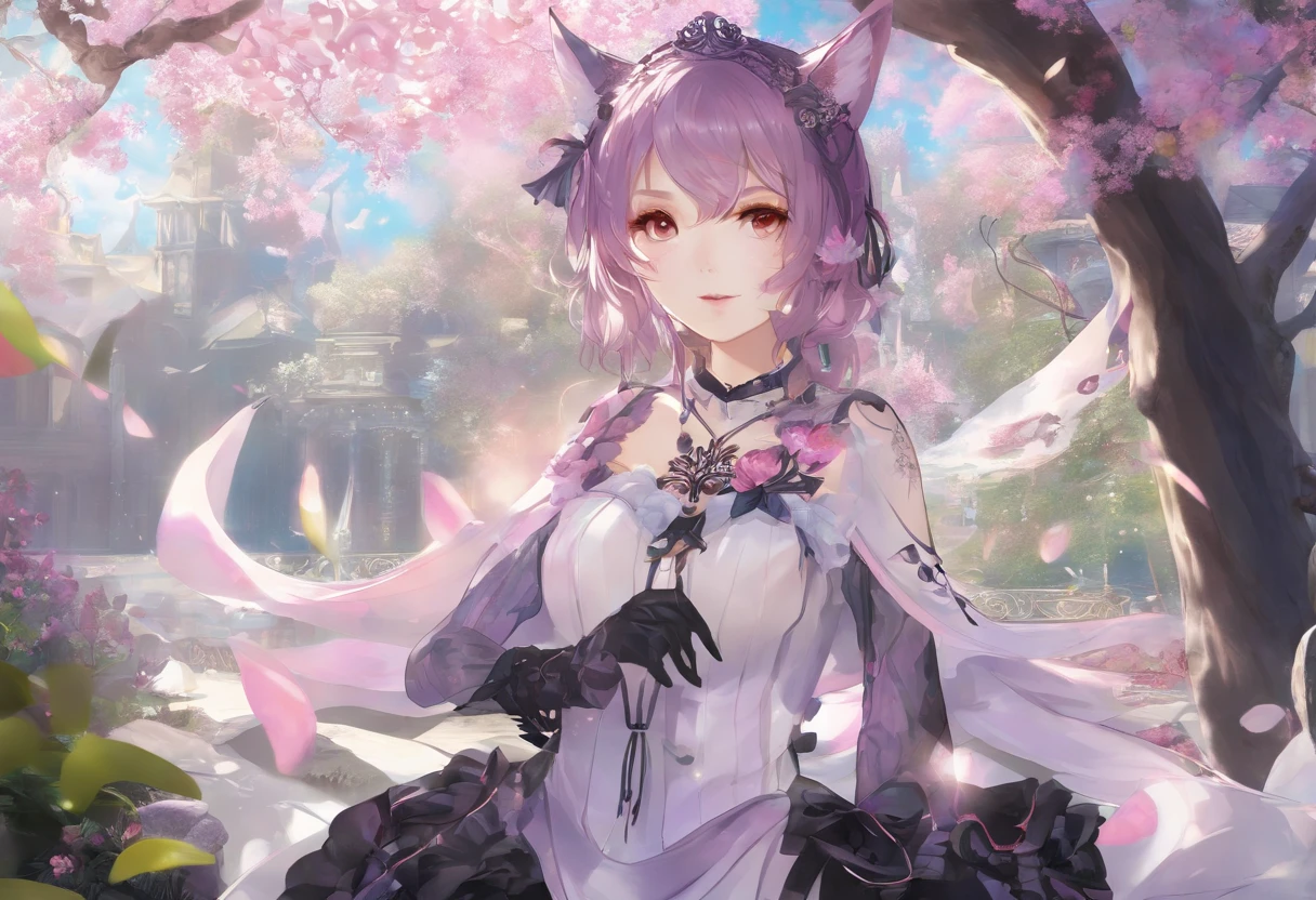 1girll, Realistic, (view the viewer:1), (Ulzzang-6500:0.66), Thighs, Bare legs, Dappled sunlight, Best quality, 超高分辨率, (Photorealistic:1.4), YaeMiko, Fox ears, Short hair, Pink hair, Yae_sakura, jewelry, Cherry blossoms, (Smile:1), Bare_bshoulders, Hair_decorations, purple_Eyes, , Detached_Sleeves, , Detailed eyes,, (Light smile:1), , (Small breasts:1.4), , (Bare upper body:1.4), , (puffynipple:1),, arms back behind,