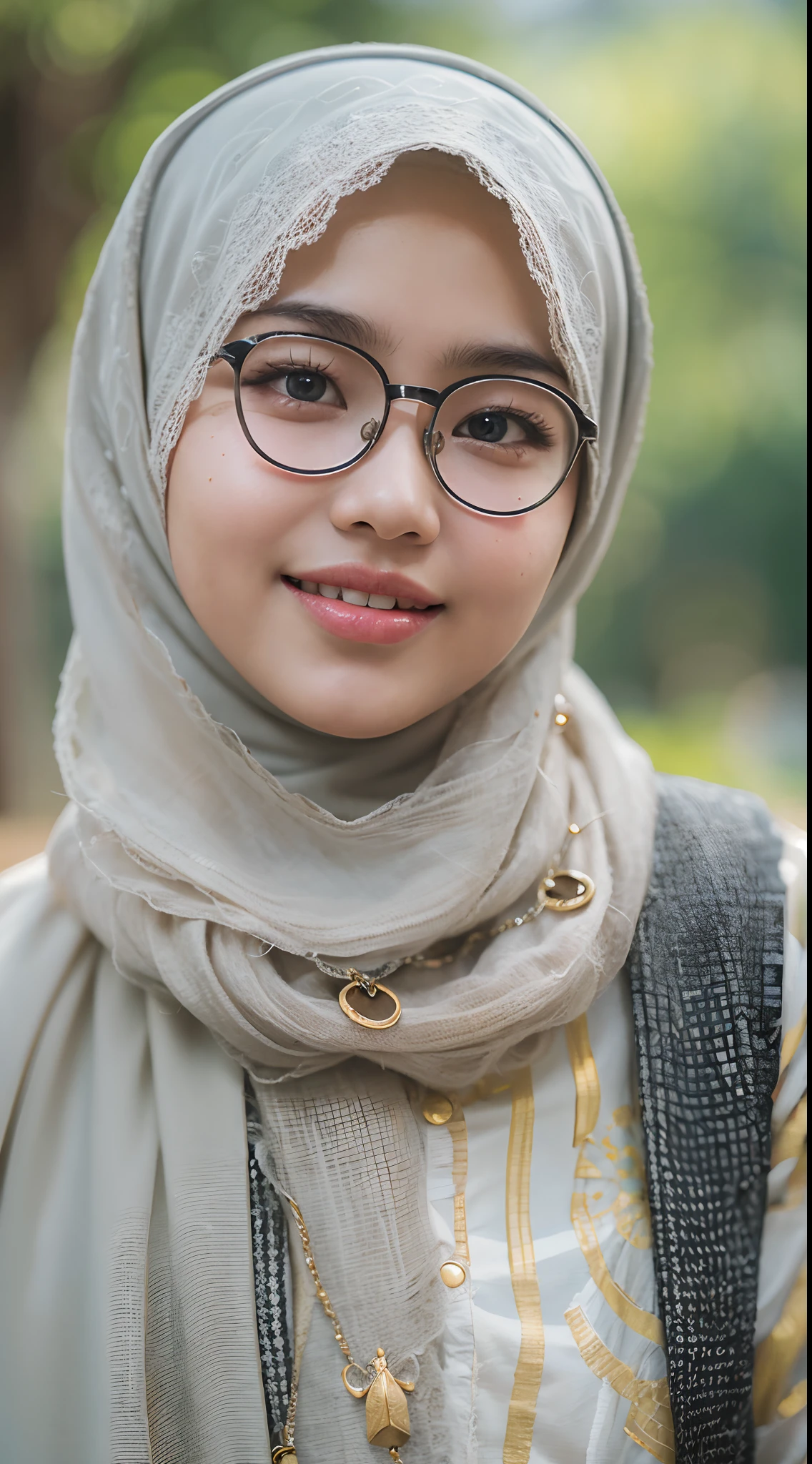 Young Malay girl college student portrait photography taken using canon EOS-1D X Mark III, eyewear, student id tag with lanyard, cowboy shot, garden background, bokeh, white fair skin, bright lighting, beautiful malay girl, curvy body, pastel color shawl style hijab, high quality, ultra detail, 8k, realistic,