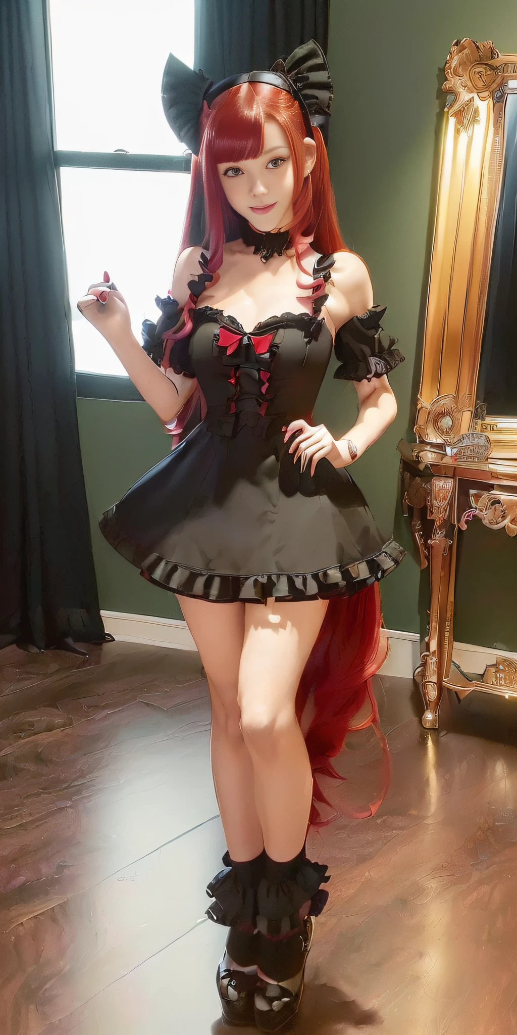 (((red hair with a twin half tail), a smile, a young girl of 18 years old, cute symmetrical face, black cat ears, red eyes, (All-black maid clothes with ruffles, black lace skirt over thigh clothes), green interior, a girl, full body, ((Masterpiece, Superior image quality)), (Intricate details), (1 girl), Huge Victorian living room)))
