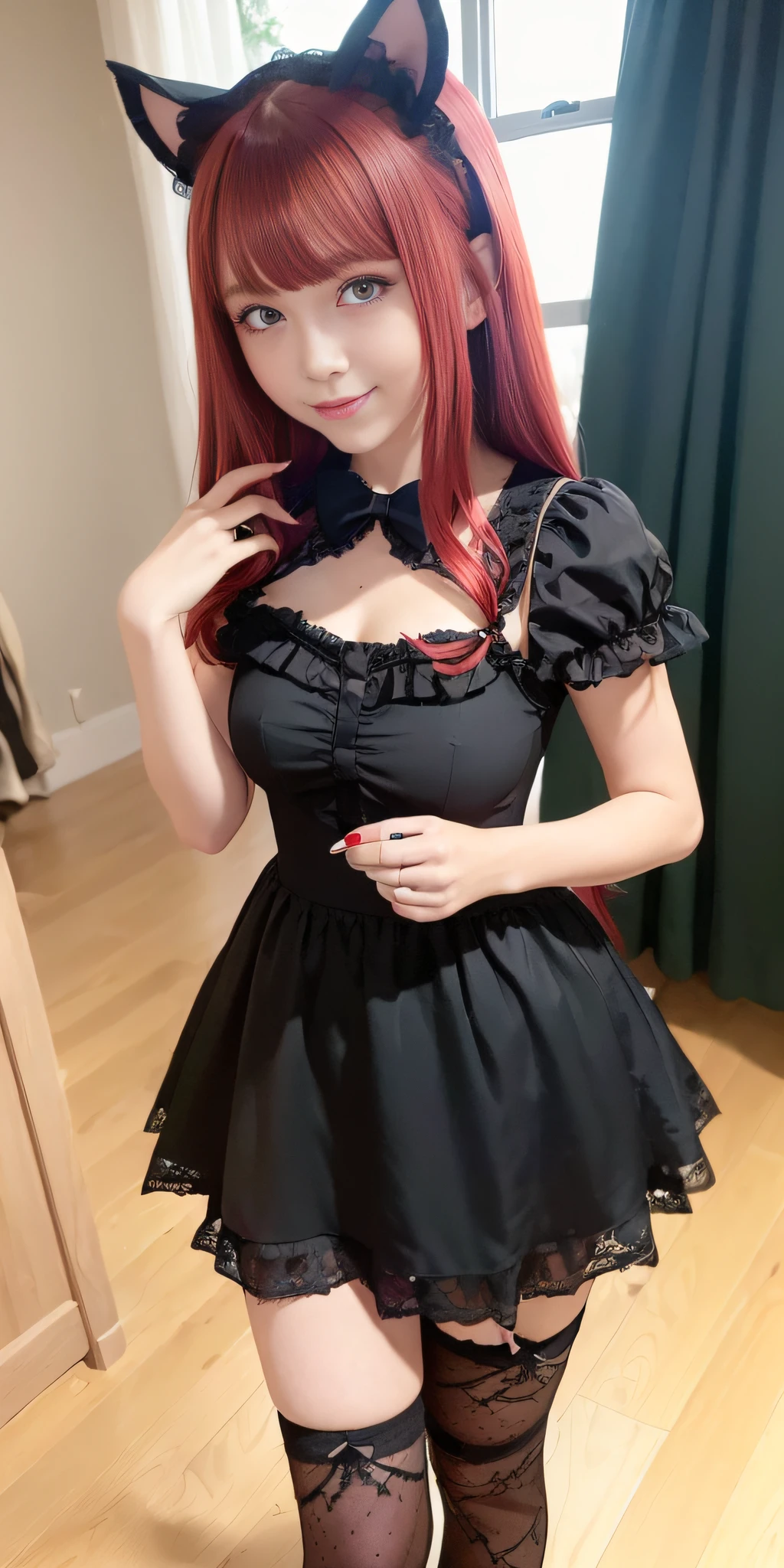 (((red hair with a twin half tail), a smile, a young girl of 18 years old, Cute symmetrical face, Black cat ears, red eyes, (Ruffled clothes, Black lace clothes), Interior Green color, a girl, full body, A masterpiece of 2D art, (Masterpiece,Top image quality:1.3),(Details:1.2),(1 girl in), All-black maid clothing, dark night)))