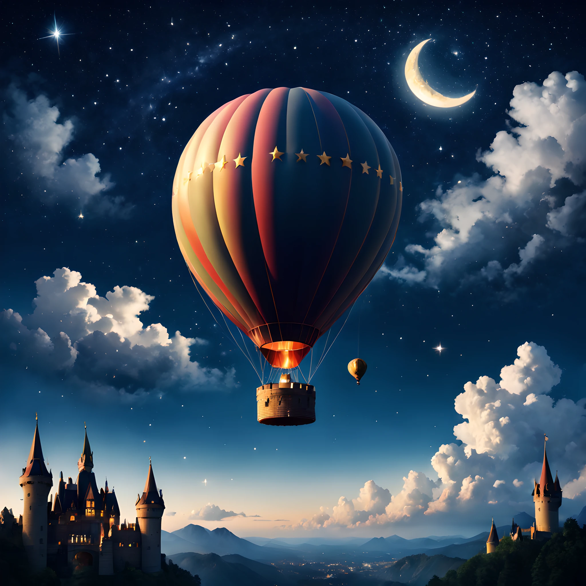 hot air ballonn:1.5, in the sky, starry sky, star, stars, moon, cloud, An image inspired by the castle in the sky Laputa、