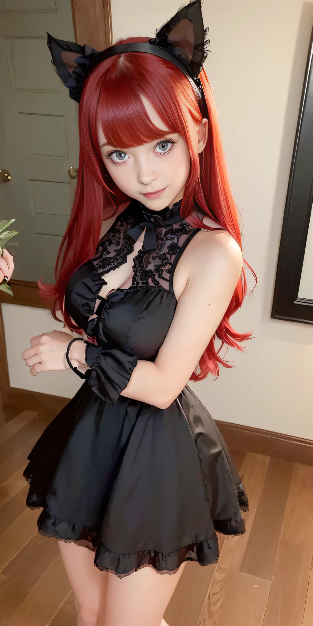 (((red hair with a twin half tail), a smile, a young girl of 18 years old, Cute symmetrical face, Black cat ears, red eyes, (Ruffled clothes, Black lace clothes), Interior Green color, a girl, full body, A masterpiece of 2D art, (Masterpiece,Top image quality:1.3),(Details:1.2),(1 girl in), All-black maid clothing, dark night)))