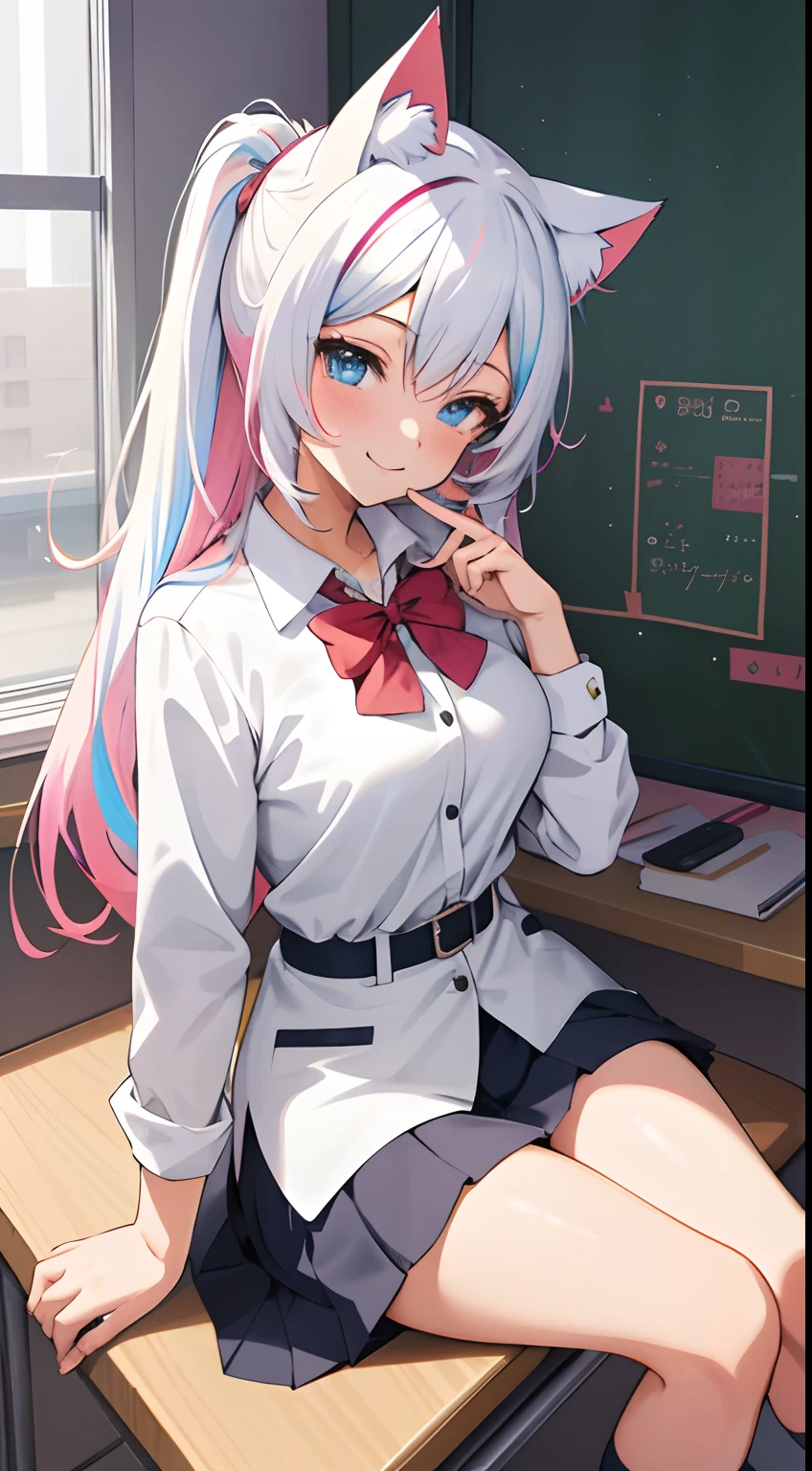 Colorful hair and colorful clothes in anime ((Cat ears 1 girl)), The school uniform is soft and vivid, rossdraws cartoon vivid, Anime style 4K, a beautiful anime portrait, artgerm colorful!!!、! Dream art germ, Beautiful anime, Cat ears 1 girl, anime style digital art, Anime art wallpaper 4k, Anime art wallpaper 4k, Digital anime art, Highly detailed art germ, school uniform, full bodyesbian, Sitting in her office, White hair, Front view, Smirking,