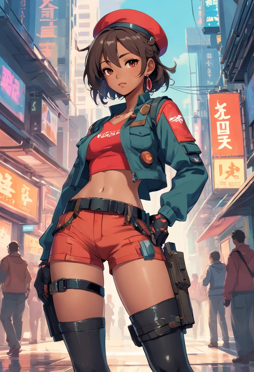 Cartoon-style digital art, pixar and disney features, beautiful black woman, face like model esyonce, bonbon brown skin, slanted asian eyes, curly hair tied back, ponytail hairstyle, wearing red police beret, beret red military, wearing large hoop earrings, necklace with military identification hanging around the neck, full breasts, short red shirt, (showing belly and navel), small waist, tactical belt with several compartments, short shorts with camouflage print, thick thighs and calves , pistol holster attached to thigh, big butt, wearing leather gloves, long-legged tactical boots with high heels, wielding technological weapon of war, clothing with cutouts in cyberpunk style, cyberpunk conceptart-style setting, technological environment, sci-fi, cameltoe.