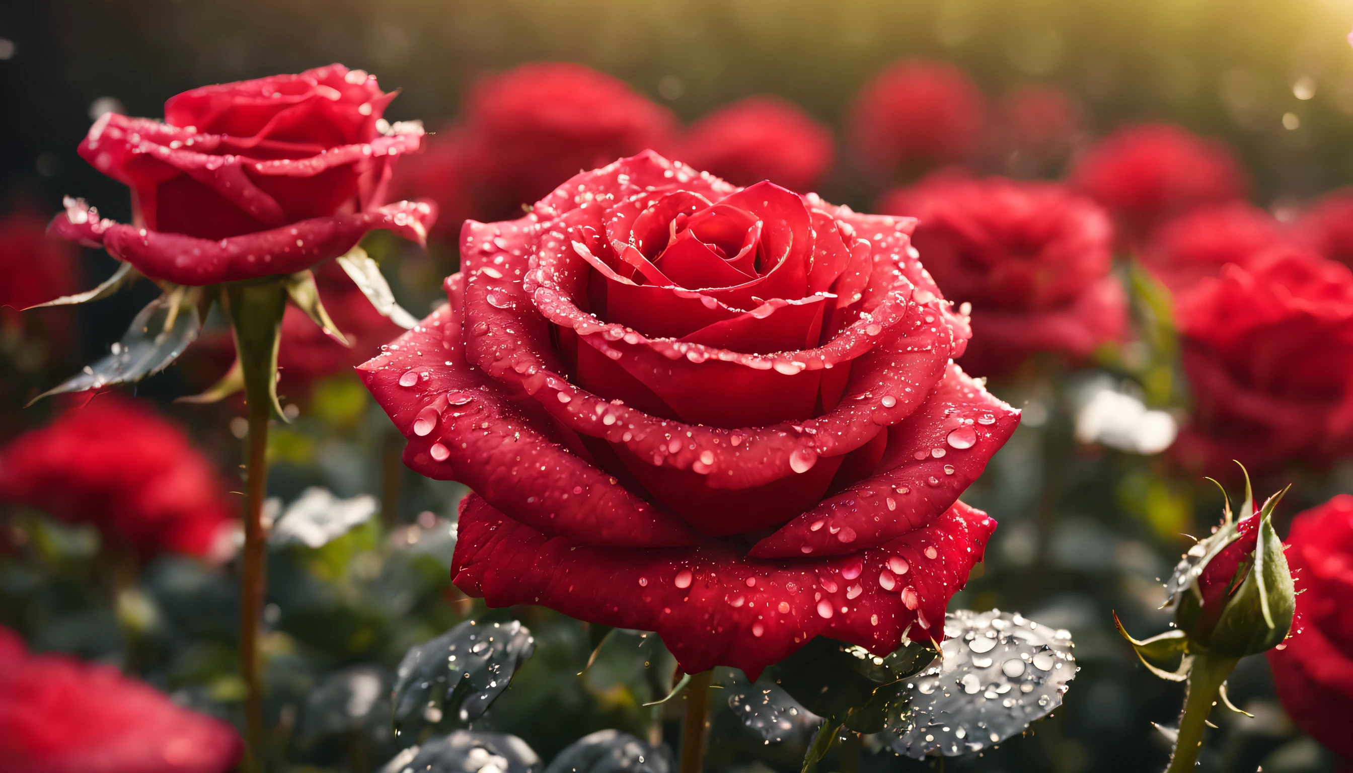 Many red color rose flowers in the garden and sunlight with bokeh, dew drops on flower petals (masterpiece, ultra quality, high resolution, 8k, intricate: 1.2), (masterpiece), (best quality:1)