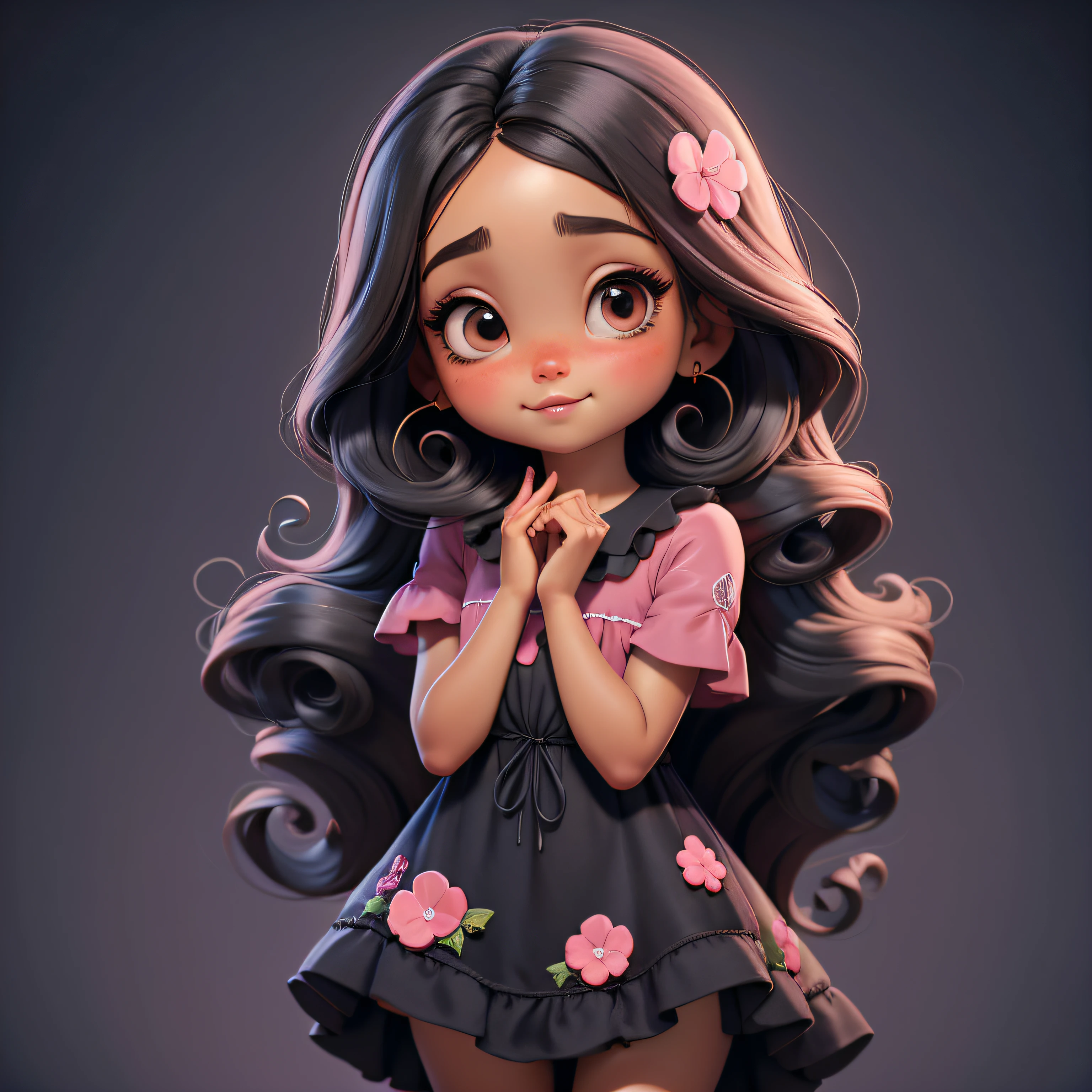 linda menina , de 4 anos, cabelos curtos pretos cheios de cachos, pele morena, olhos castanhos escuros, muito bonita, vestidas com vestido rosa, delicado, foco nítido, Studio photo, detalhes intrincados, altamente detalhados,