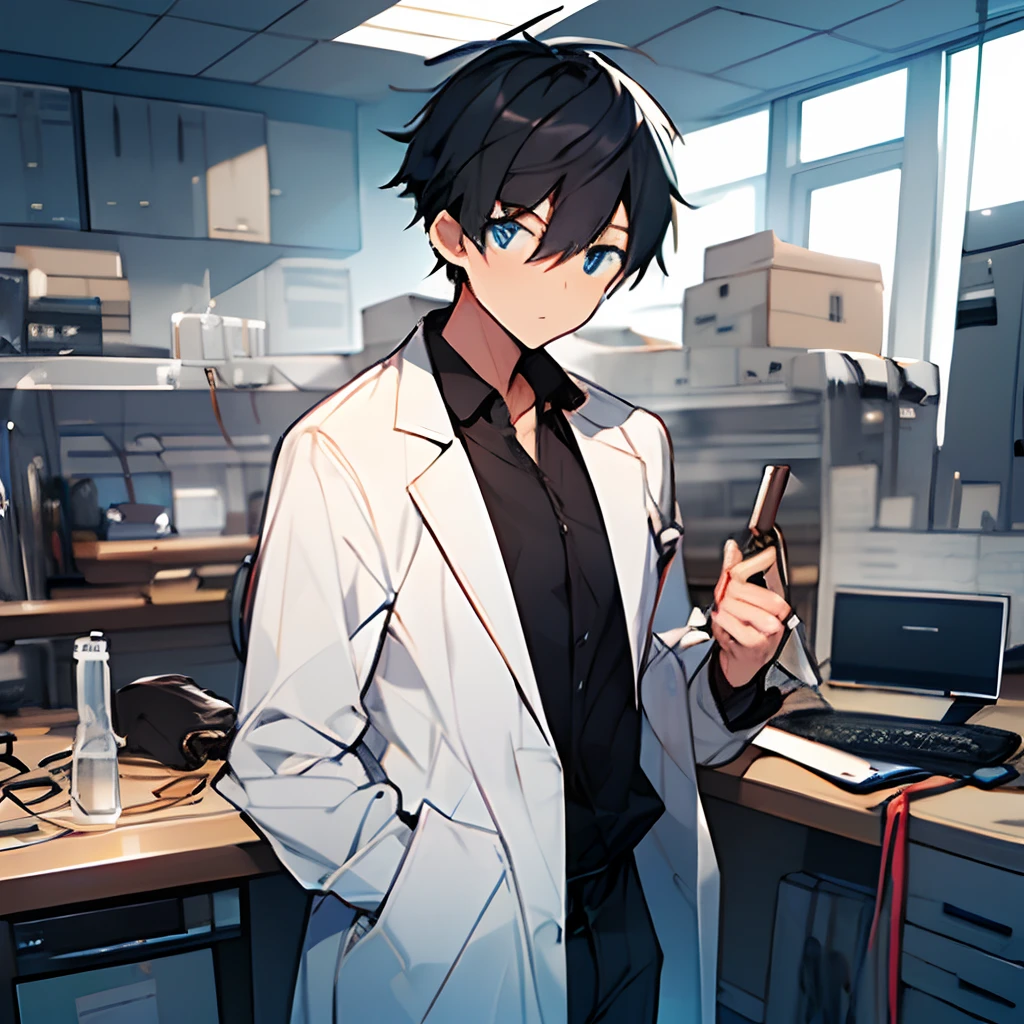 of a guy，with short black hair，Wear goggles，Wearing a white coat，Inside the laboratory，Standing behind a table full of various instruments，Thinking expressions，Frontal display