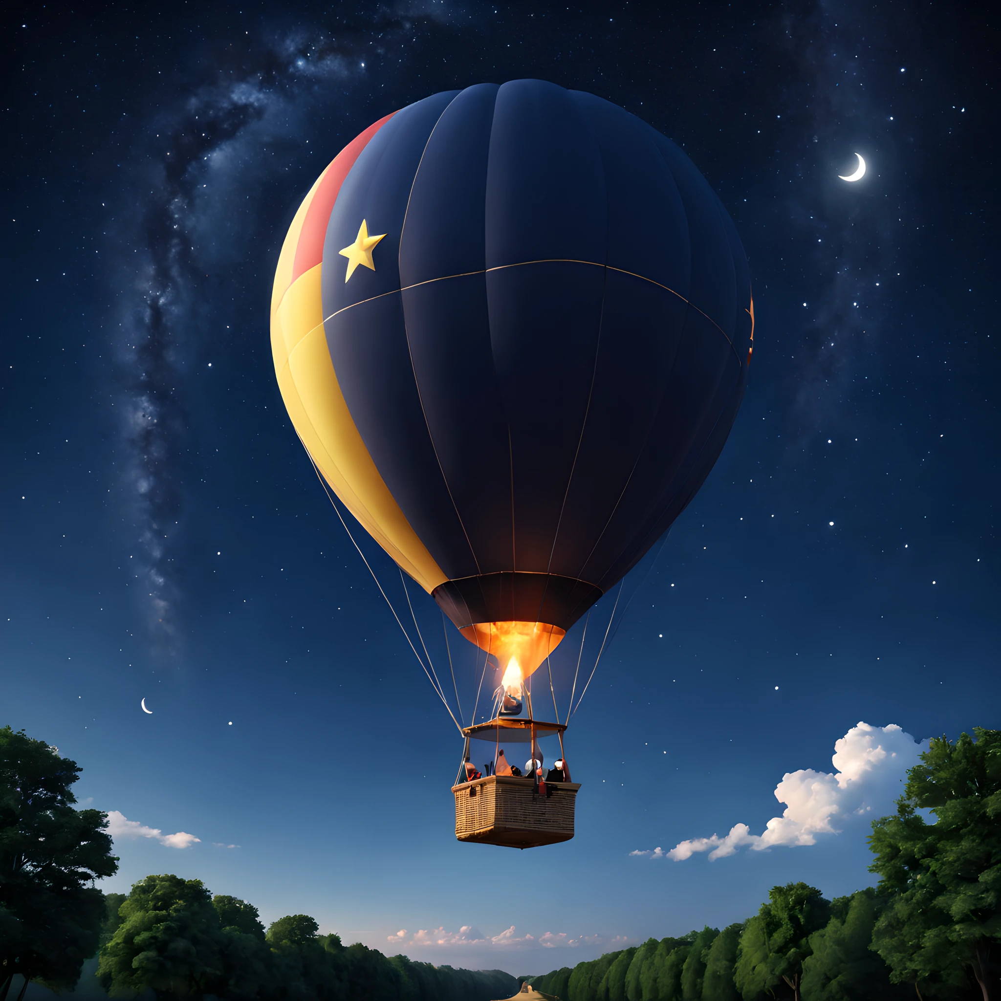 hot air ballonn:1.5, in the sky, starry sky, star, stars, moon, cloud, How far soar into the sky、