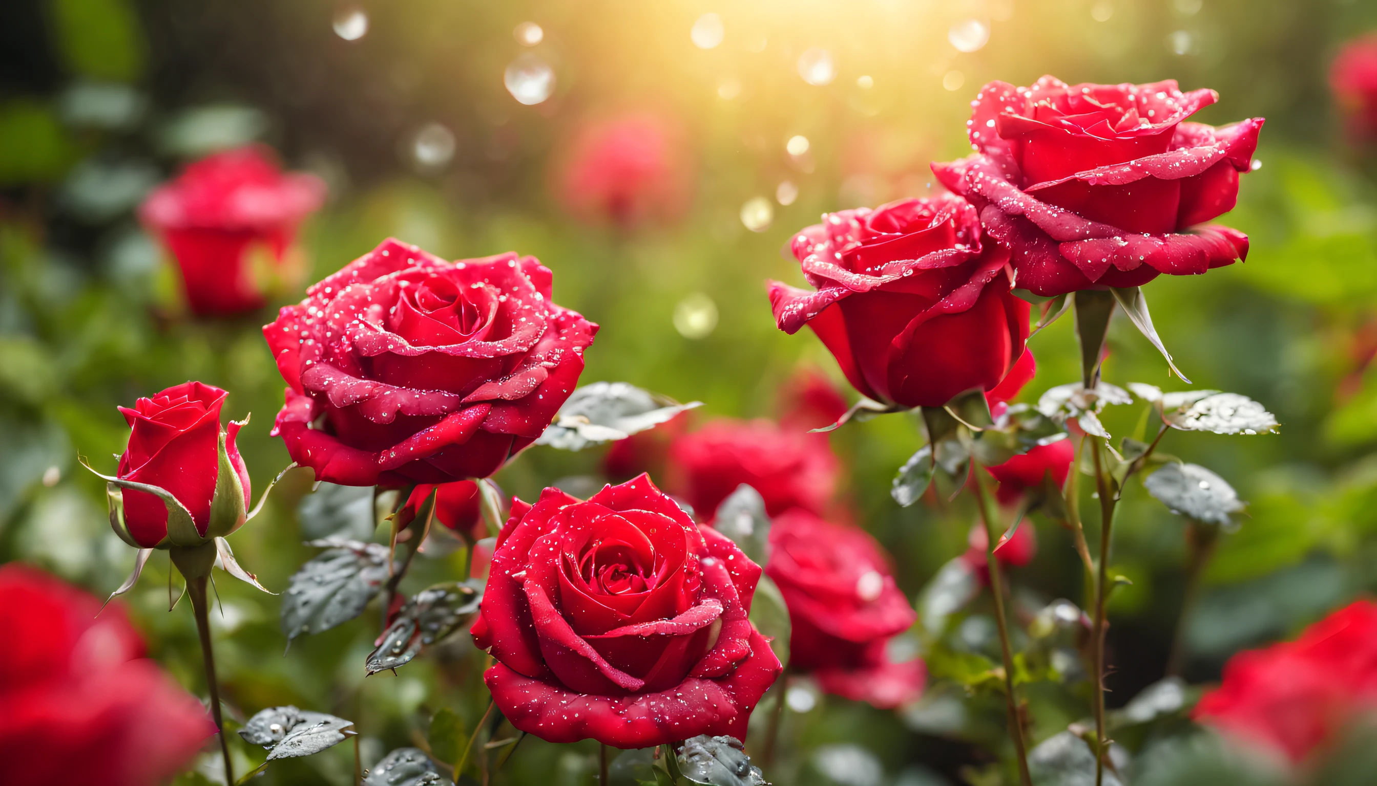 Many red color rose flowers in the garden and sunlight with bokeh, dew drops on flower petals (masterpiece, ultra quality, high resolution, 8k, intricate: 1.2), (masterpiece), (best quality:1)
