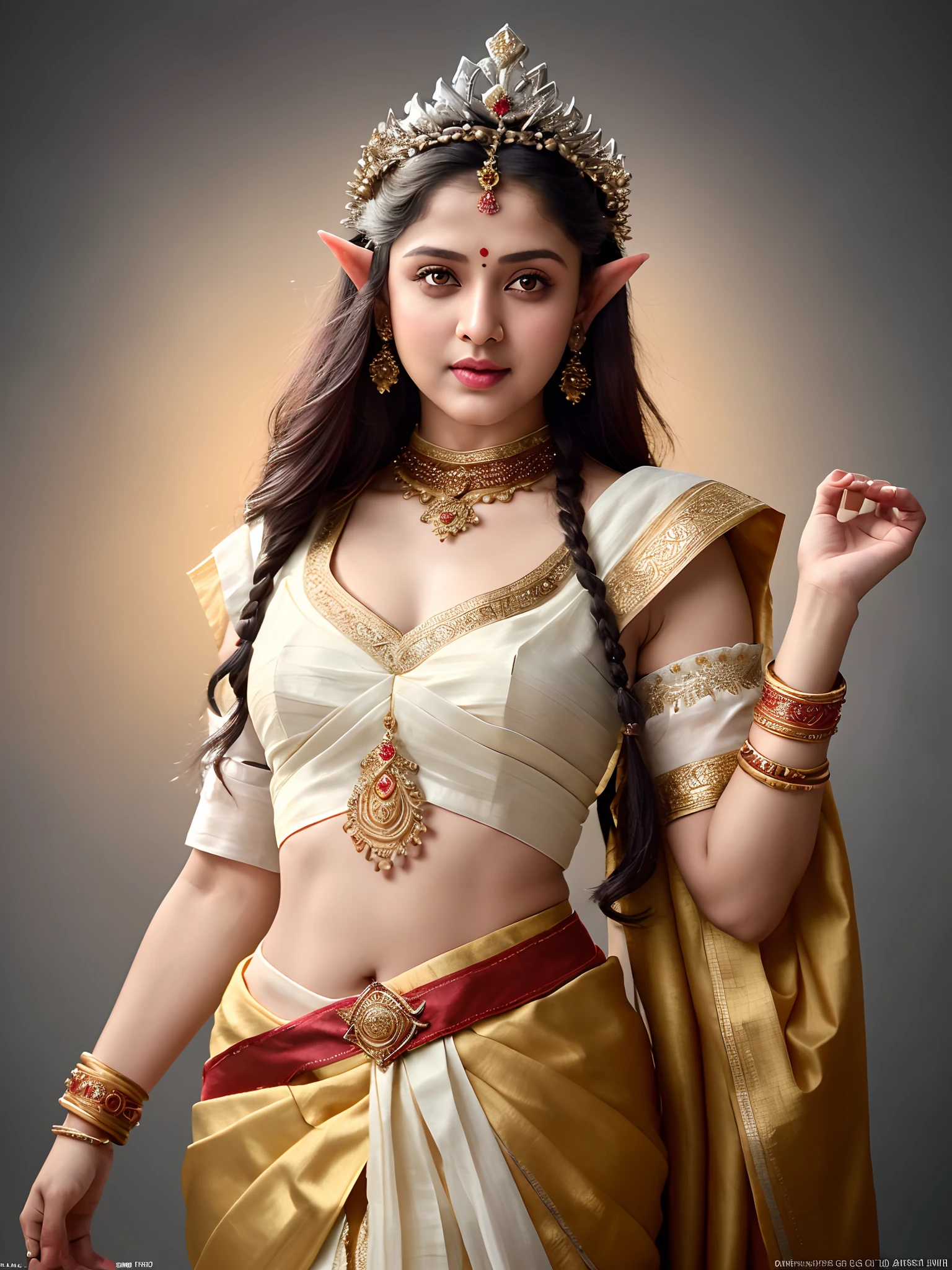 Looks like Marathi actress Girija Oak, female elf barbarian fantasy!!! crown!! dressed in vyshyvanka!!!! character concept art, sharp focus, octane render! unreal engine 5! highly rendered!! trending on artstation!! detailed linework!! illustration by artgerm, wlop, and chie yoshii