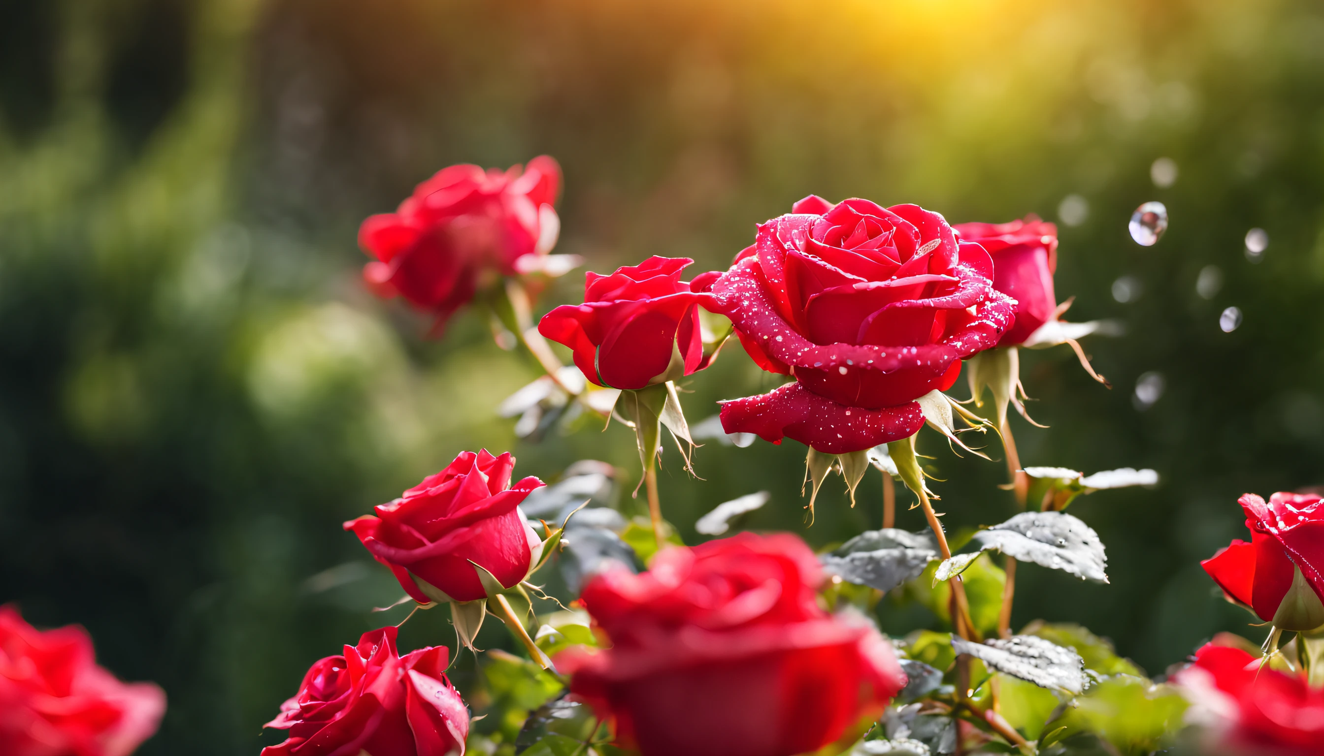 Many red color rose flowers in the garden and sunlight with bokeh, dew drops on flower petals (masterpiece, ultra quality, high resolution, 8k, intricate: 1.2), (masterpiece), (best quality:1)