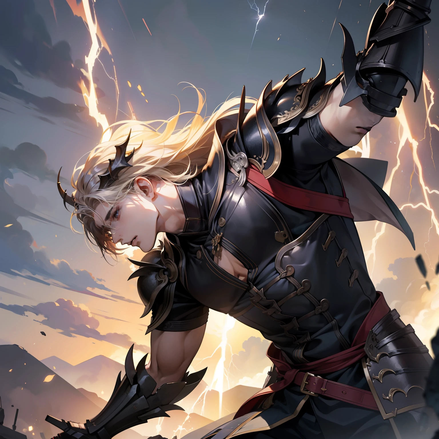 Masterpiece, high quality, best quality, HD, realistic, perfect lighting, detailed body, 1 man, korea hair, facial expression, dragon armor, lightning background