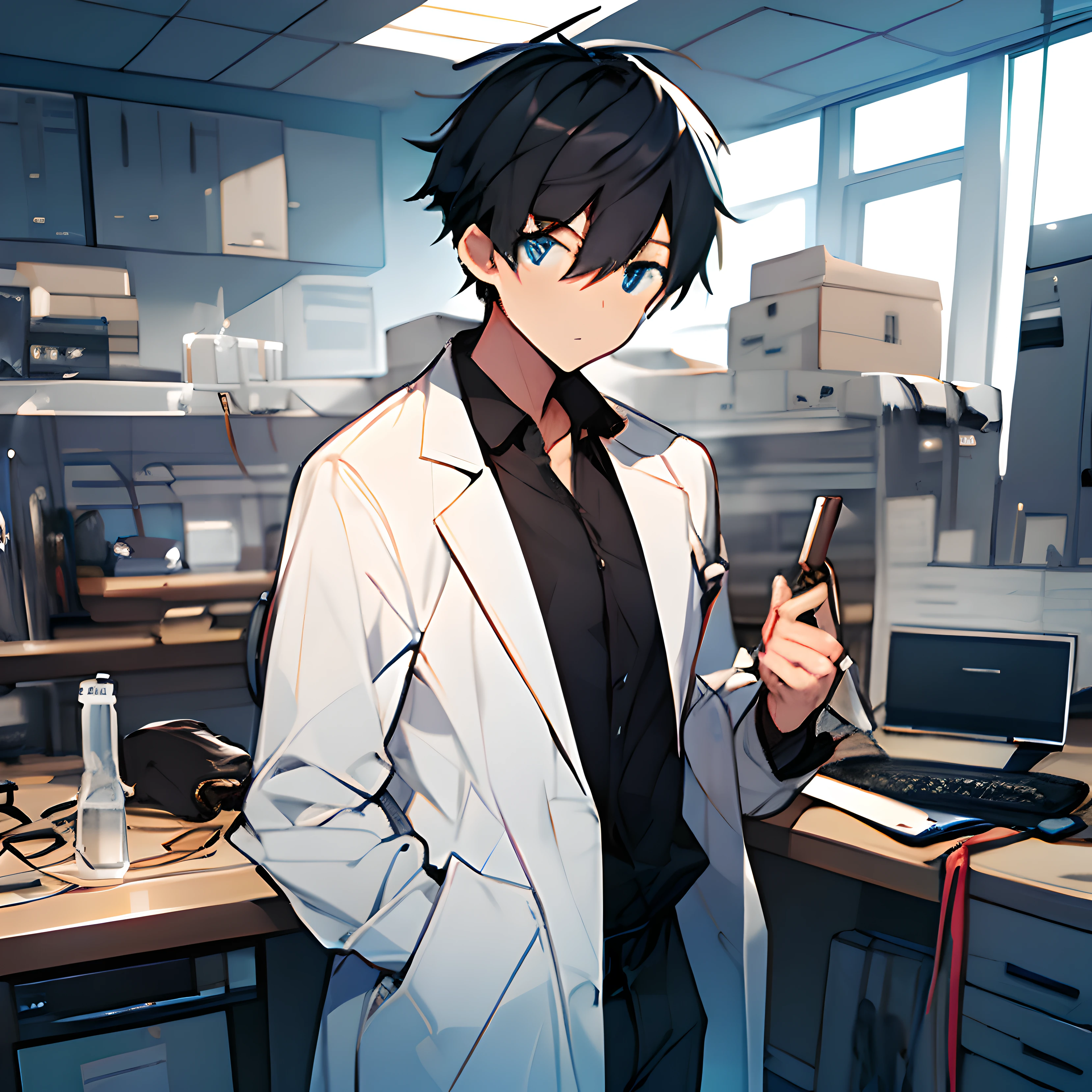 of a guy，with short black hair，Wear goggles，Wearing a white coat，Inside the laboratory，Standing behind a table full of various instruments，Thinking expressions，Frontal display