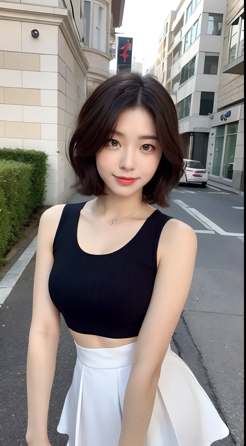 ((best qualtiy,8K,tmasterpiece:1.3)),Perfect beauty:1.4,glute:1.2,(Layered Hair Style:1.2)),(the street:1.3),Highly Detailed Face and Skin Textur,full bodyesbian,Elaborate Eyes,二重まぶた,Whitens the skin,Short wave hair,Cute Korean beauty(with a round face:1.5),(Black top,short skirt:1.6)ssmile