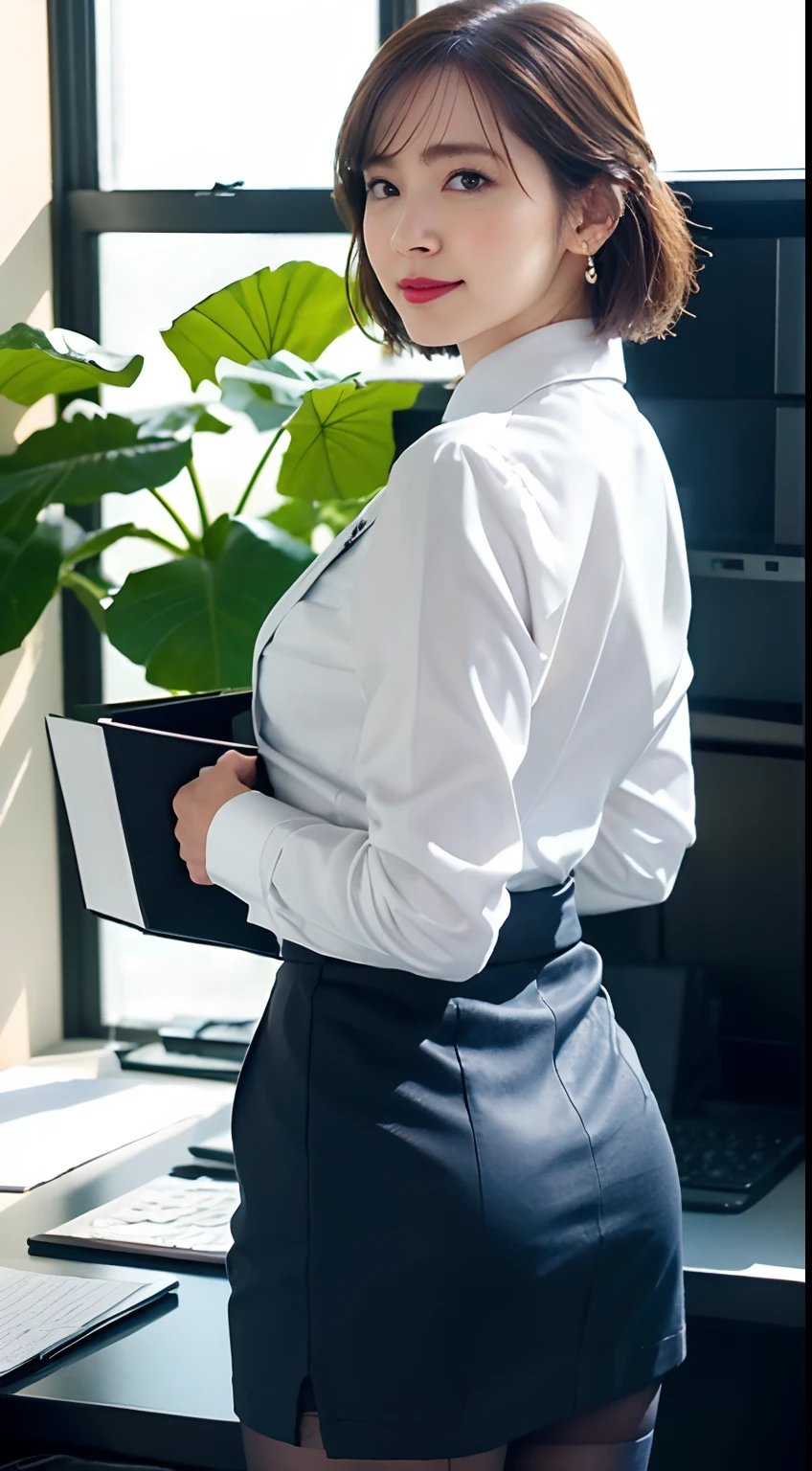 face is :9,1714884241], Elegant upper class elite secretary in business shirt, working in an office、Wearing a strict business suit, (Wear pantyhose)、(Short Layer Hair、Hidden big)、, Wear high-end heels、 (thighhighs and skirt), Girl in a shirt,, merchant, business clothes, Wear shirts and skirts, Business attire, business outfit, Raw photo, (8K、top-quality、tmasterpiece:1.2)、(intricate detailes:1.4)、(Photorealsitic:1.4)、octane renderings、Complex 3D rendering ultra detail, Studio Soft Light, Rim Lights, vibrant detail, super detailing, realistic skin textures, Detal Face, Beautiful detail eyes, Very detailed CG Unity 16k wallpaper, Makeup - Makeup, (detailedbackground:1.2), Naked on the thighs!!!,((houseplant、posterior view))、Bookshelf files.、personal computers、Blue sky outside the window、hip lines