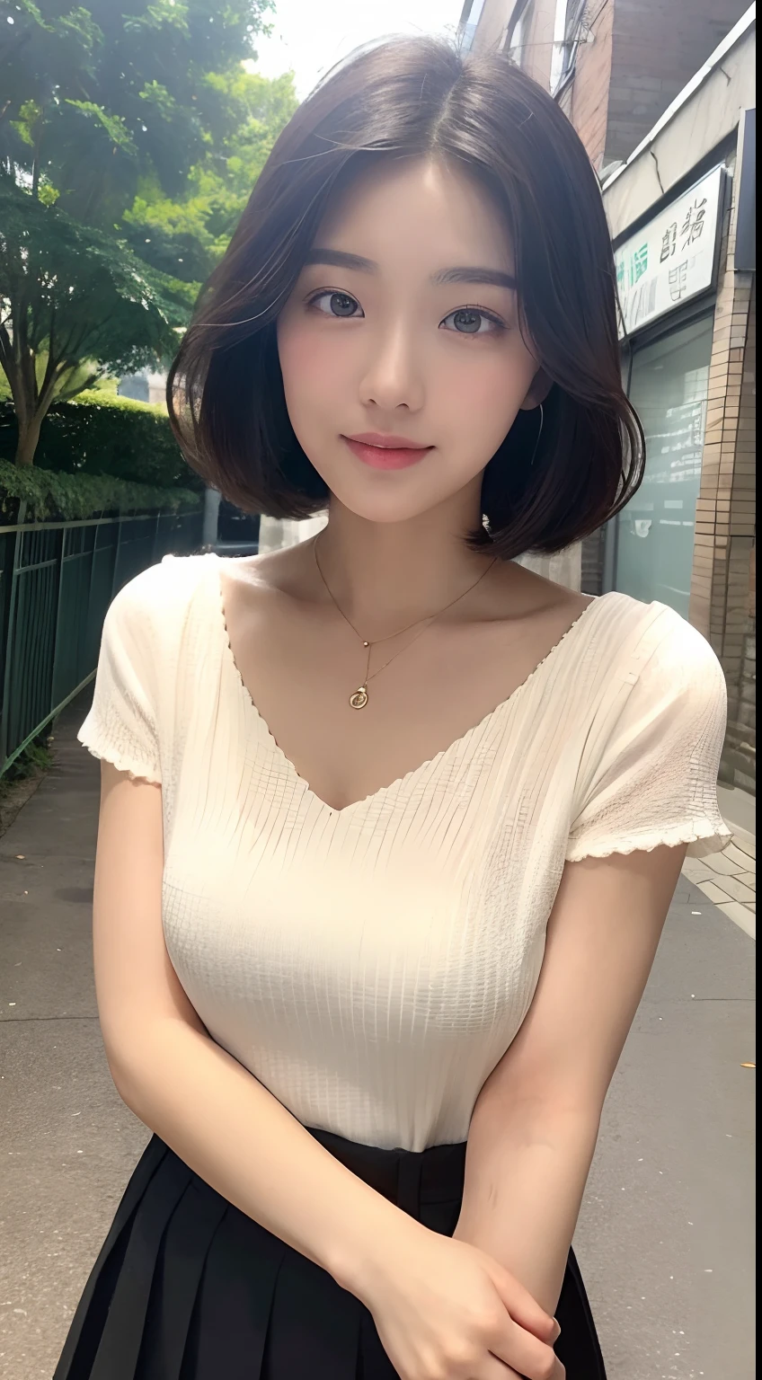 pretty woman, short hair, boy's short hair with white brown hair, con rulos en las puntas, all her hair white brown, with a star clip in her white brown hair, ojos de color claro, ojos bonitos, ojos llorosos, nariz bonita y respingada, nariz lloroso, labios bonitos, labios rosas, heart and cupid shaped lip, piel bonita, pale, piel blanca, con lunares y pecas en todo el rostro, rubor rosa suave en las mejilla, rubor rosa natural, maquillaje suave y rosa, boy, cuello bonito, cuello marcado, frown, mirada tierna, con un collar de beso, un collar bonito de beso, parecido a Yumeko Jabami, mientras lleva puesto un Crochet YK2, with a YK2 style brown mini skirt, mientras tiene el abdomen desnudo, delgado, marcado y bonito, (pechos grandes, pechos suaves, pechos bonitos), mientras esta haciendo cospaly del personaje Yumeko Jabami, del anime Kakegurui, mirando a la camara, autofoto, selfie bonita