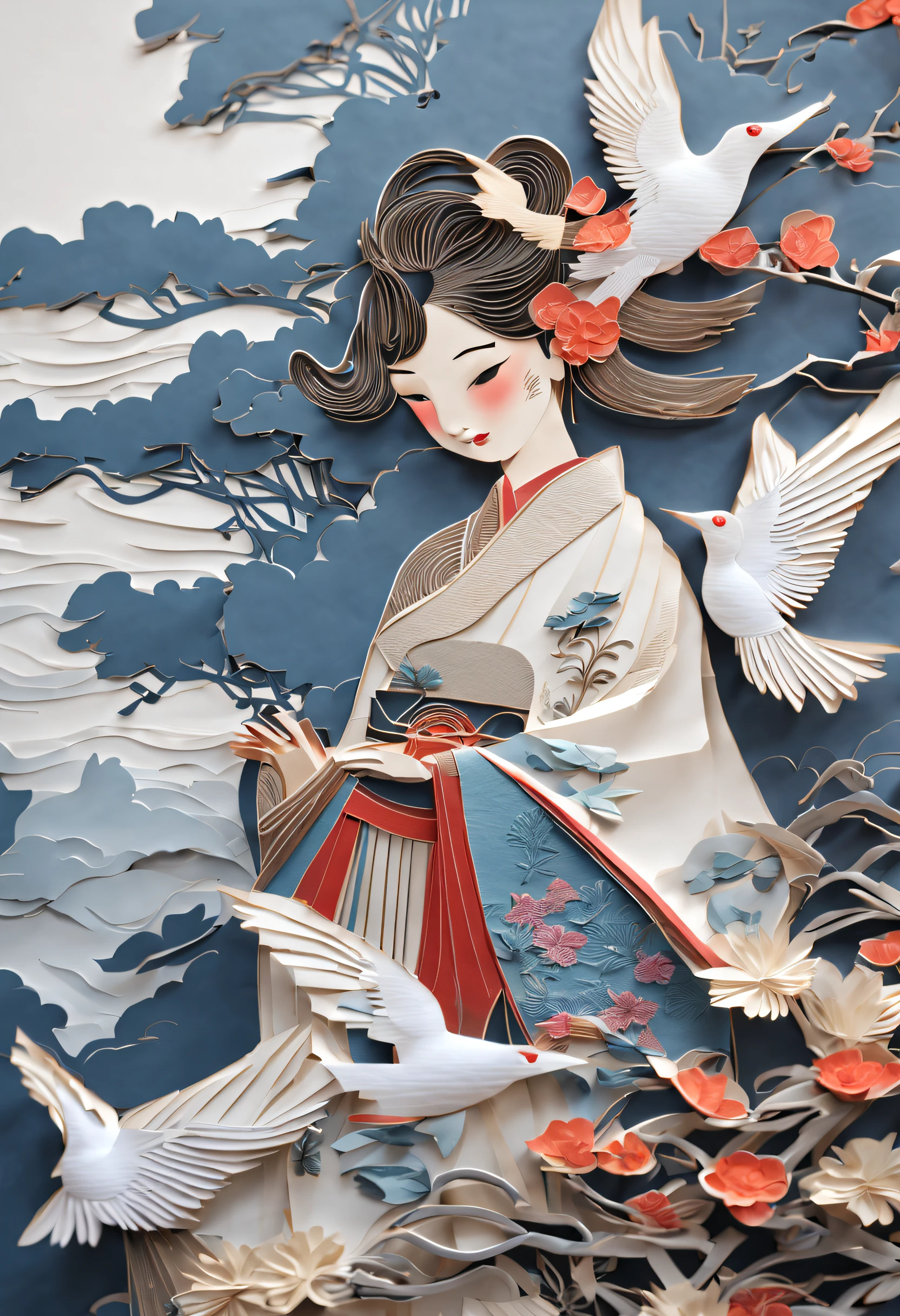 (best quality,4k,8k,highres,masterpiece:1.2),ultra-detailed,(realistic,photorealistic,photo-realistic:1.37),paper art,paper craft,paper cutting,blue sky,white clouds,mountains,rivers,terraced fields,traditional Chinese art,exquisite details,detailed paper textures,vibrant colors,peaceful atmosphere,nature beauty,meticulous handcrafting,sculptural quality,harmonious composition,beauty of simplicity,traditional techniques,precise cut work,delicate paper patterns,A girl creating paper art,creative process,serene environment,inspired by nature,stunning paper sculptures,floating paper birds,dancing paper flowers,captivating intricate designs,subtle shading effects,sublime beauty of paper,calming therapeutic activity,paper art demonstration