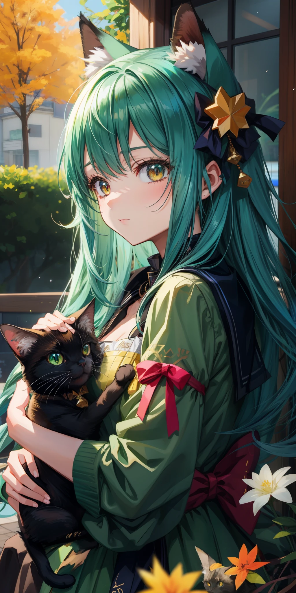 anime girl with long teal hair and brown ayes holding a black cat in her arms, very beautiful cute catgirl, cute detailed digital art, very beautiful anime cat girl, beautiful anime catgirl, adorable digital painting, kawaii realistic portrait, cute anime catgirl, detailed digital anime art, cute digital art, artwork in the style of guweiz, realistic anime 3 d style, soft anime illustration