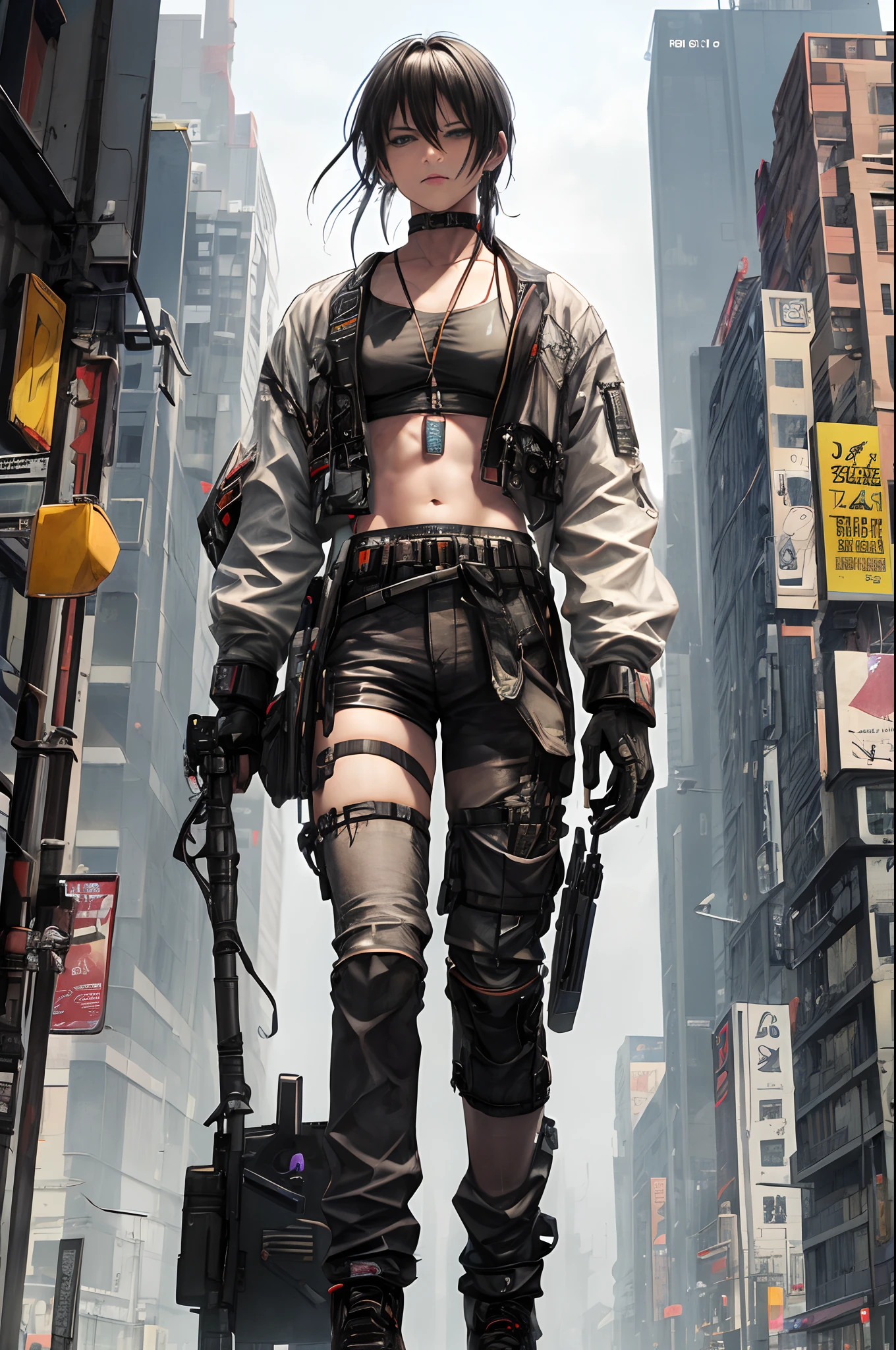 cyberpunk, a progressive world where machines fly on magnetic levitation, in the center stands a cyborg, he has a katana, he is a hero that has just stopped the spread of cyber drugs. around there are parts from cybernetic robots.